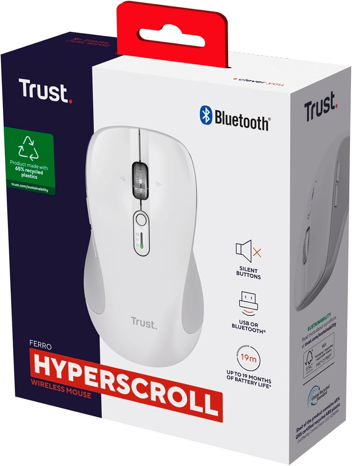 Trust Ferro Ratón Inalámbrico con Desplazamiento Rápido y Horizontal, Bluetooth + 2.4GHz, Mouse Silencioso Multidispositivo, 65% Plástico Reciclado, PC Ordenador Portátil Mac, Blanco 15