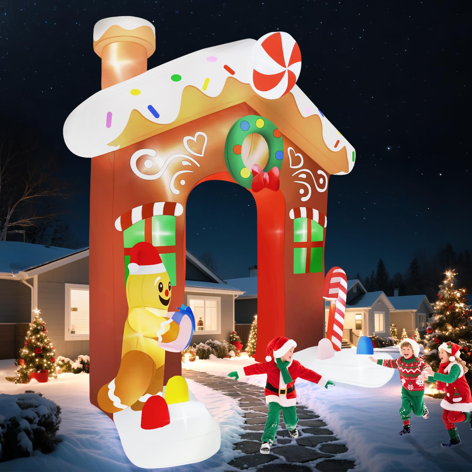 Kalolary 10 Fuß Aufblasbarer Weihnachtsbogen mit Lebkuchenmann Geschenken | Aufblasbarer Weihnachtsbogen Aufblasbare Weihnachtsdekoration für Draußen Zuhause Feiertage Garten Rasen Partyzubehör
