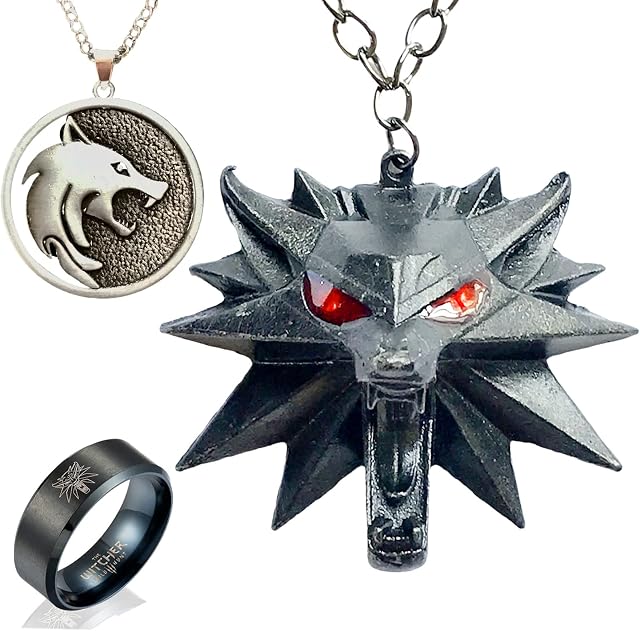 Witcher 3 Wild Hunt, 3PCS Witcher Merchandise include Men's Witcher Medallion Necklace, Witchers Wolf Head Necklace Pendant+Wizard Ring. Witcher Series Gifts for Men Boys Geralt of Rivia