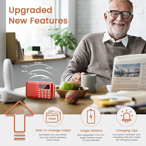 Vista 9 de PRUNUS Mini radio portátil AM FM Radio de bolsillo con MP3, linterna LED, radios digitales soporte de altavoz micro tarjeta SD/TF/USB, ahorro