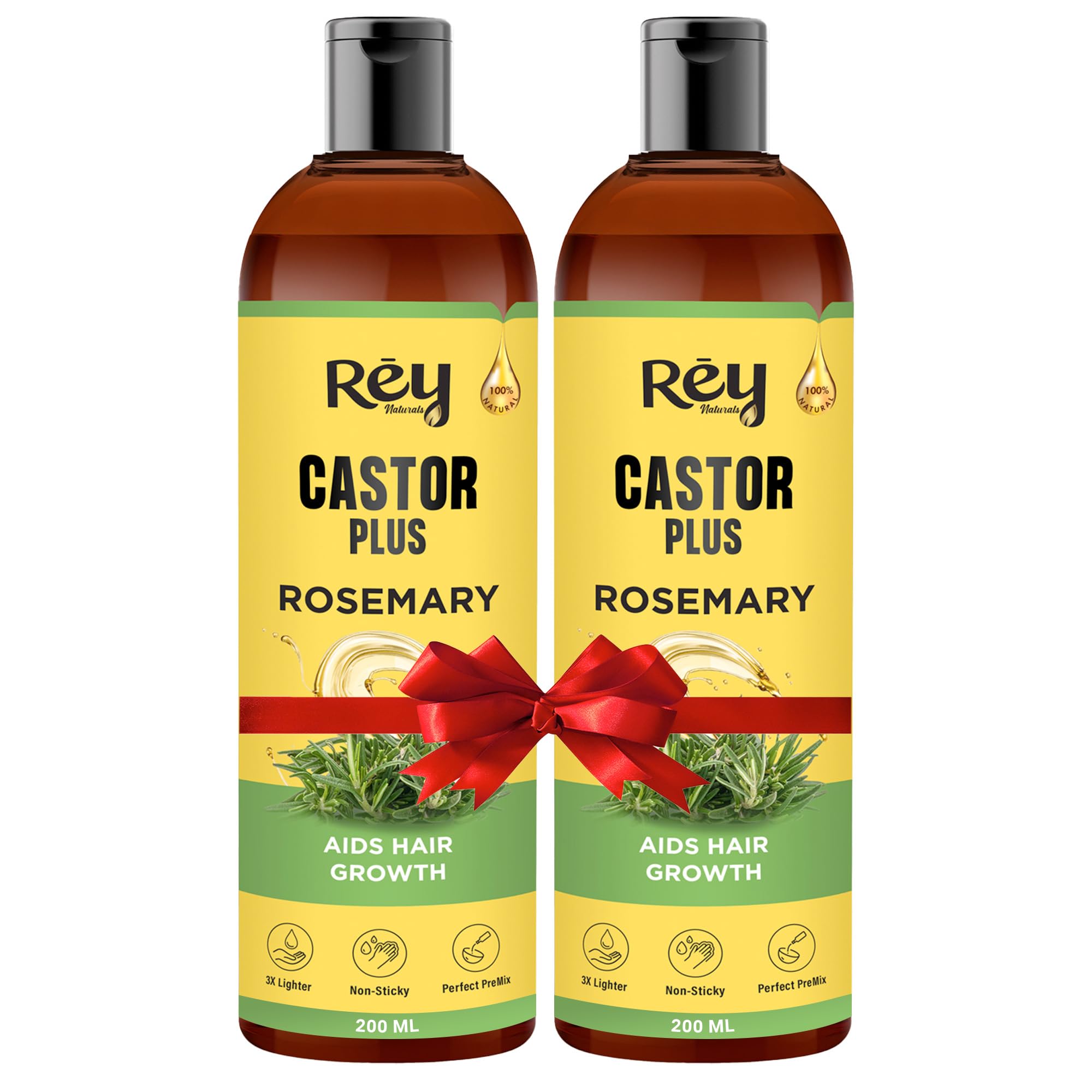 Rey Naturals Cold Pressed Castor Oil plus Rosemary Essential Oil | Castor Oil for Hair Growth, Eyebrows & EyelasheS | Premix of Castor and Rosemary Essential Oil| For Men & Women| 200ml * 2
