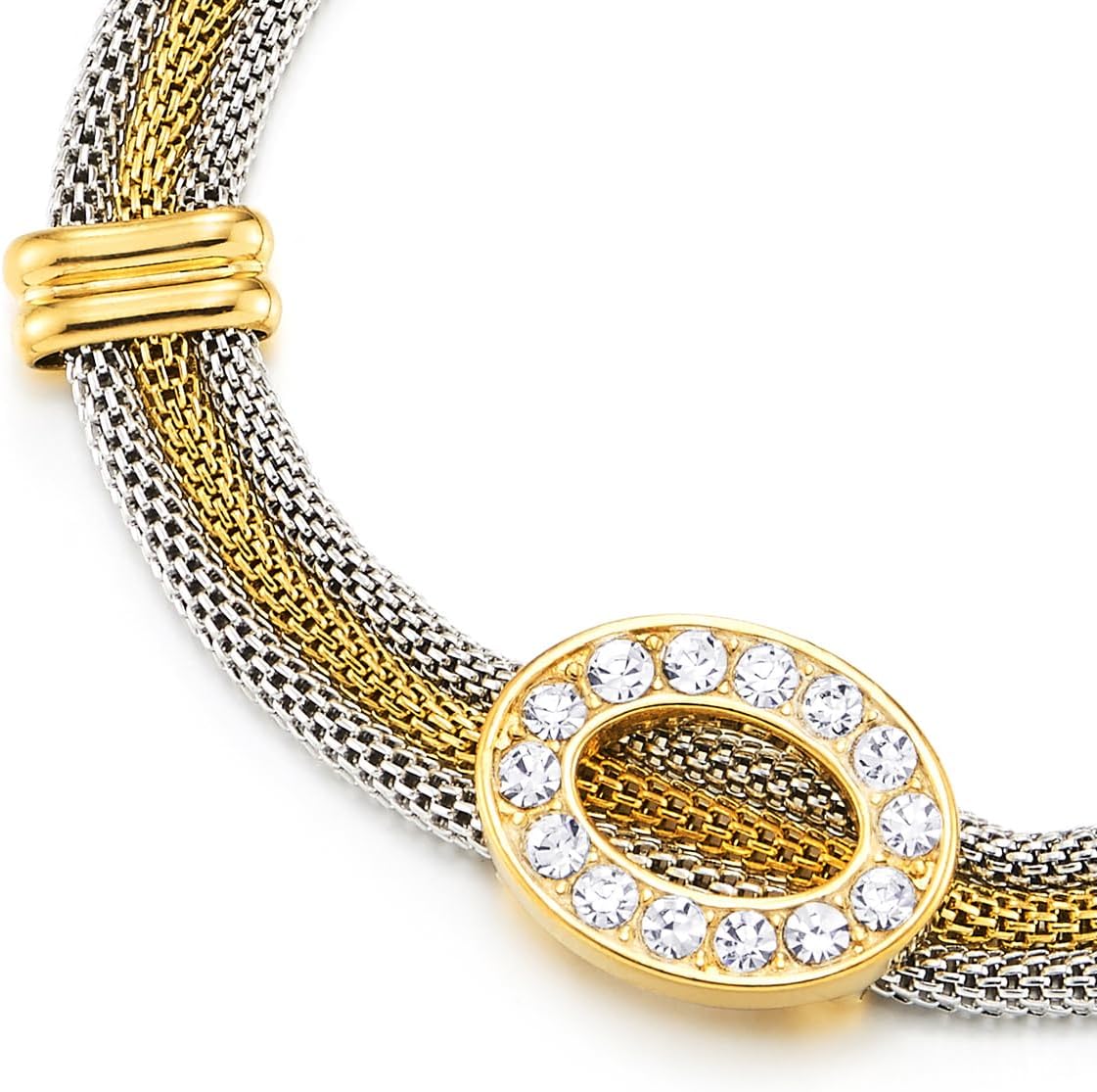 COOLSTEELANDBEYOND Gold and Silver Tone Stainless Steel Cable Mesh Bracelet for Women Three-Strand with Pave Crystal Oval Halo Charm