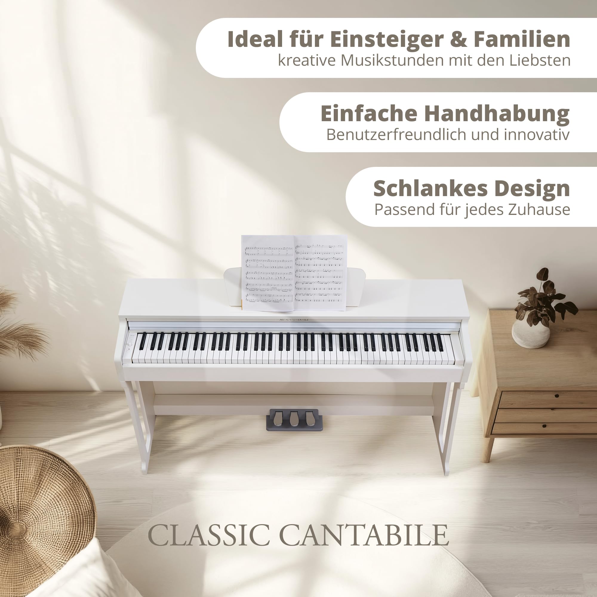 Classic Cantabile DP-220 WM E-Piano Blanco mate Set, Polifonía de 64 notas | 88 teclas ponderadas con mecanismo de martillo, Sensibilidad al tacto ajustable en 5 niveles, 10 canciones demo internas