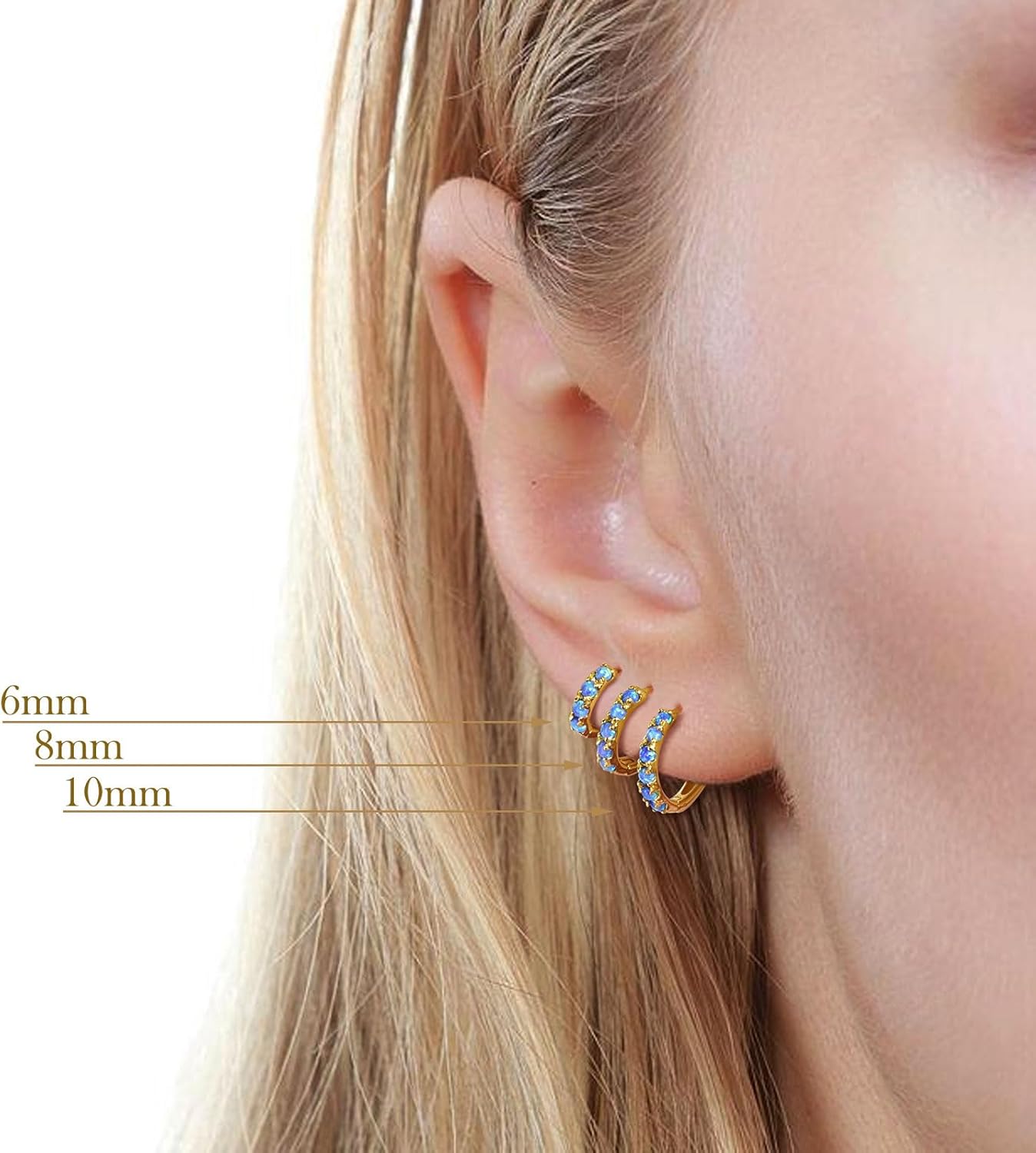 925 Sterling Silver Opal Hoop Earrings White/Blue/Pink/Green Opal Small Gold Plated Hinged Huggie Earrings 6/8/10mm - Image 3