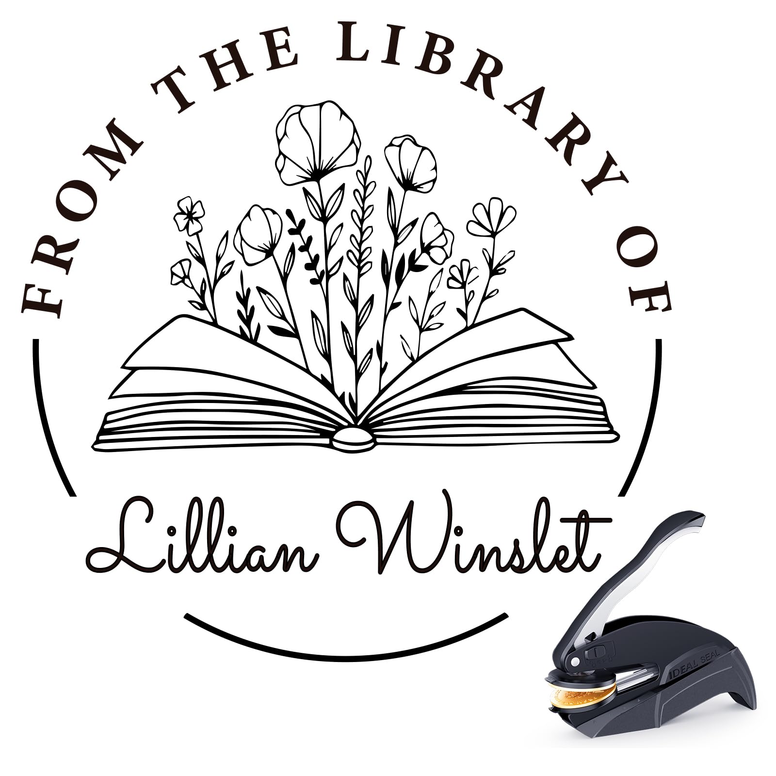Personalized Book Embosser - Custom Name & Text Stamp, Reusable Embossing Tool for Book Lovers, Readers, Home & Library Collections (Floral-05) — image 1
