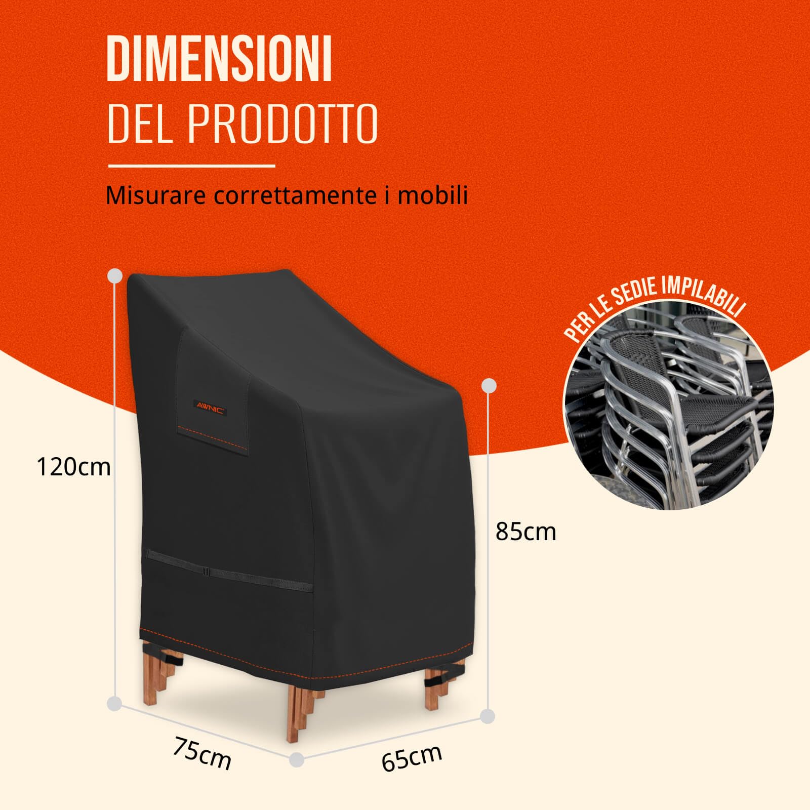 AWNIC Coprisedie da Esterno Impermeabile, 600D Resistente Oxford Tessuto Coprisedie da Giardino Impilabili con Sfiato per Sedie Impermeabile Resistente allo Strappo Antivento Anti-UV, 65x75x120/85cm