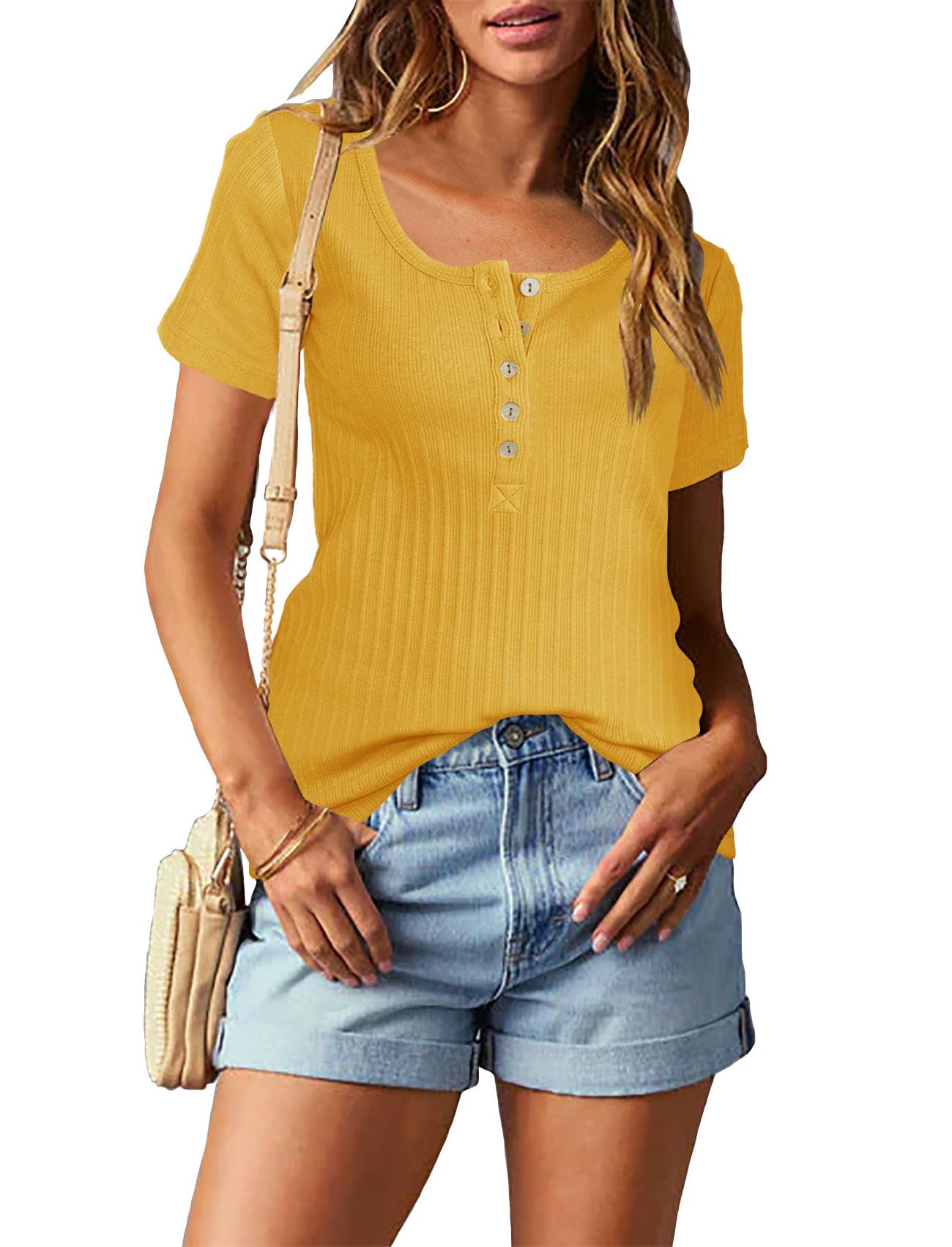 Topstype Short Sleeve Henley Tops for Women Summer T Shirts Trendy XX-Large Yellow
