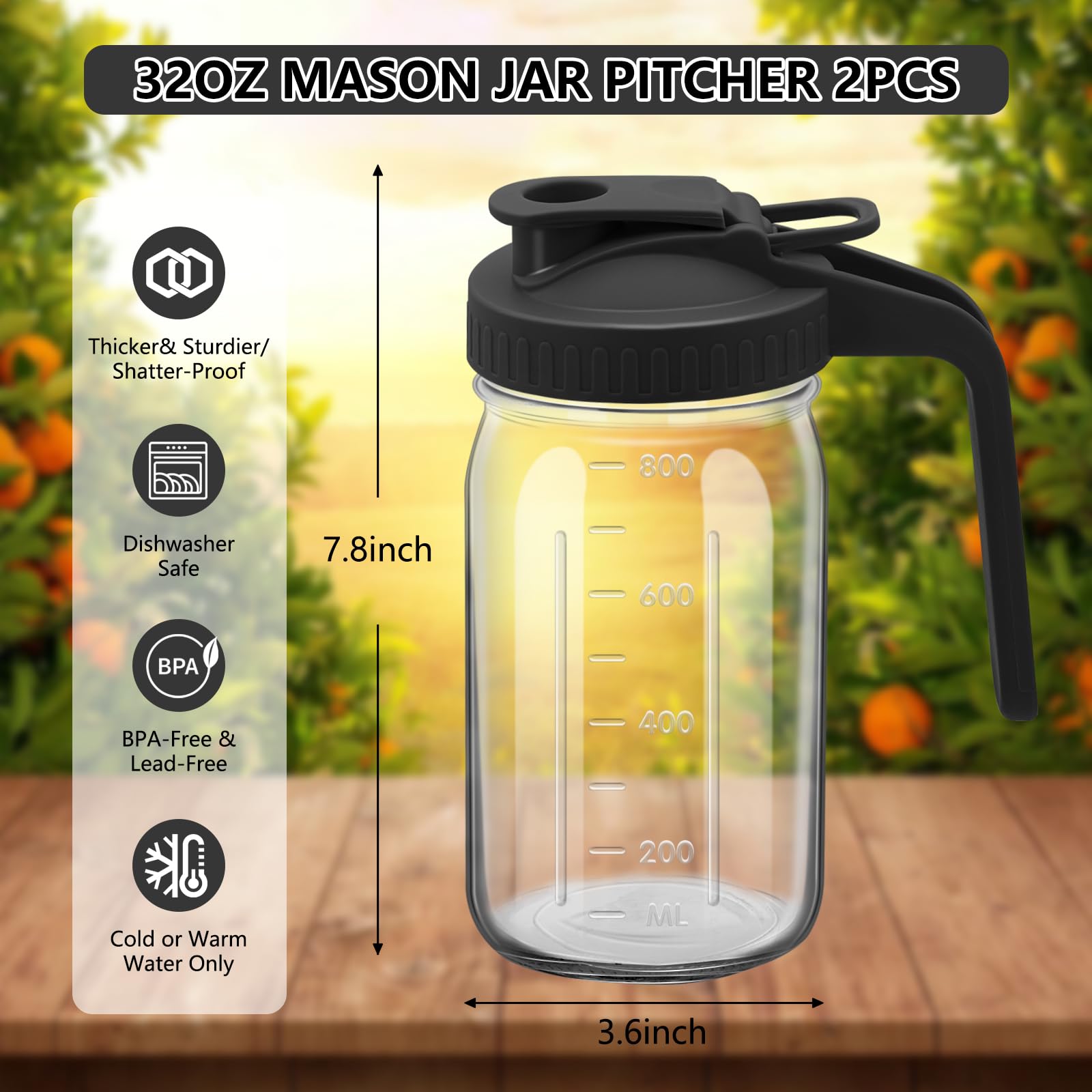 Jarra de boca ancha, jarra de agua de vidrio de 32 onzas con tapa, doble mango a prueba de fugas, ideal para jugos, leche materna, recipiente de almacenamiento de cocina