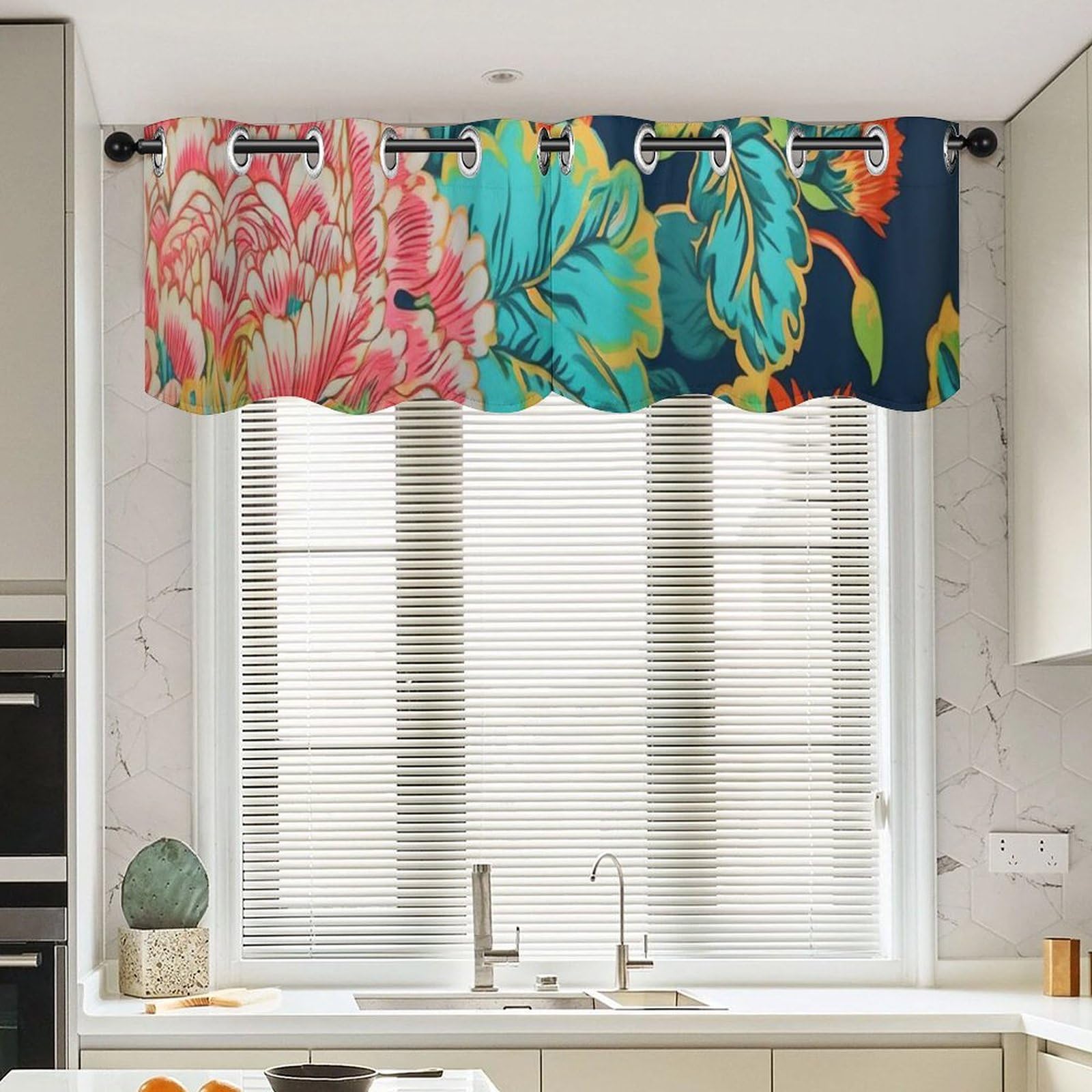 Cortinas cortas para cocina y baño con cenefa de peonía floral rosa azul marino, 2 unidades