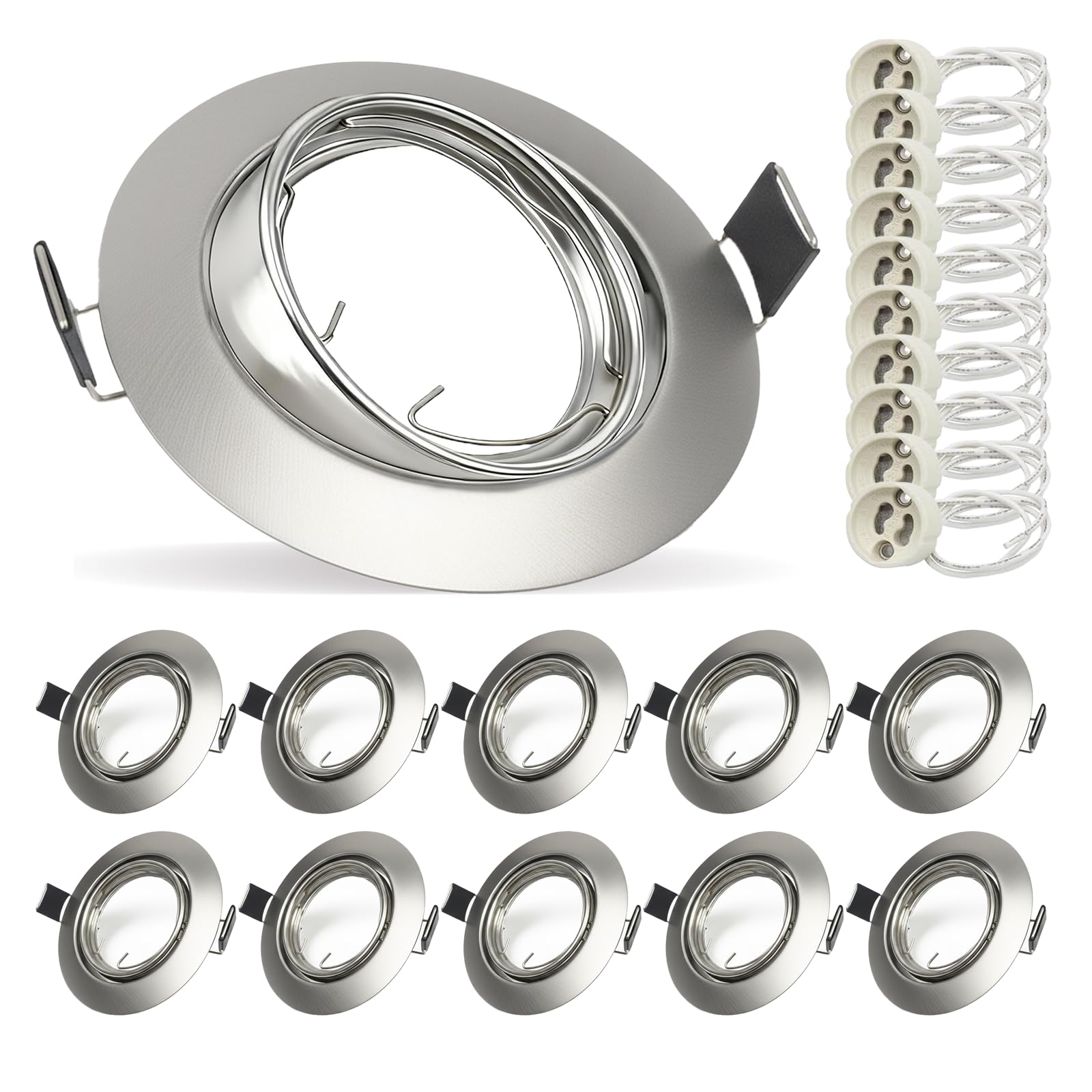 Cinsenten Pack of 10 LED Recessed GU10 Spot Light Trim 30° Tilt Ceiling Downlights Fittings for Nickel Chrome Spotlights Mounting Frame with GU10 Lamp Holder 240V, Diameter 90mm, Cutout 68-75mm