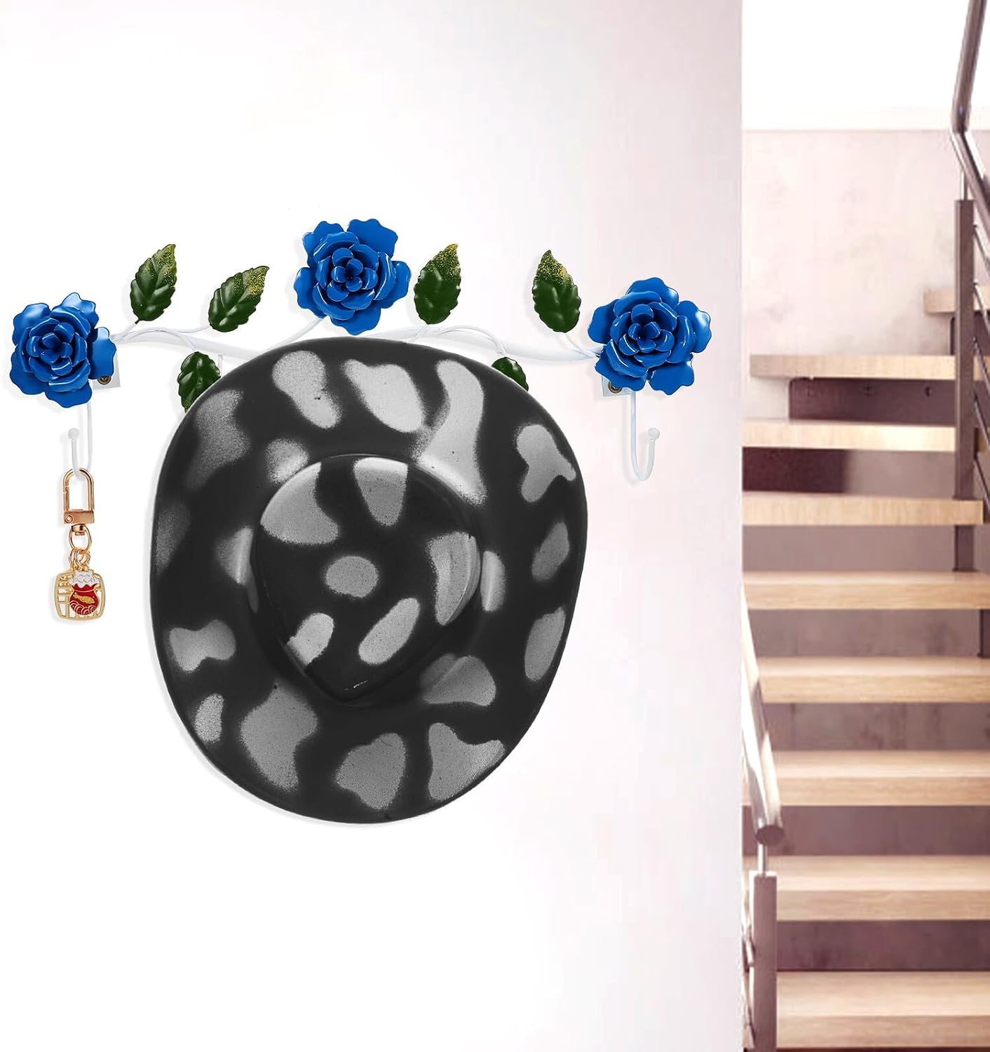 Decorative Wall Hanger Hook Rack with Blue Rose Iron Flower Design, Purse and Clothes Hanging Utility Hook for Bathroom Entryway Bedroom Storage