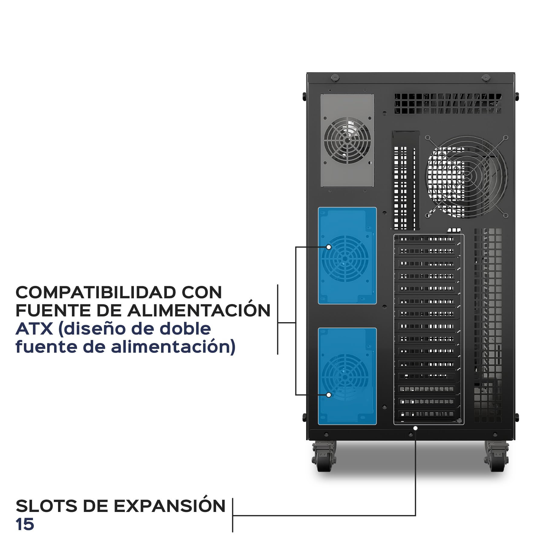 UNYKAch AI Pro 1500 - Caja Workstation E-ATX - SSI-EEB para IA y Servidores. Soporta: Dual CPU, 2 Fuentes de Alimentación, 4 GPUs hasta 500mm, 17 Bahías HDD/SSD y hasta 23 Ventiladores