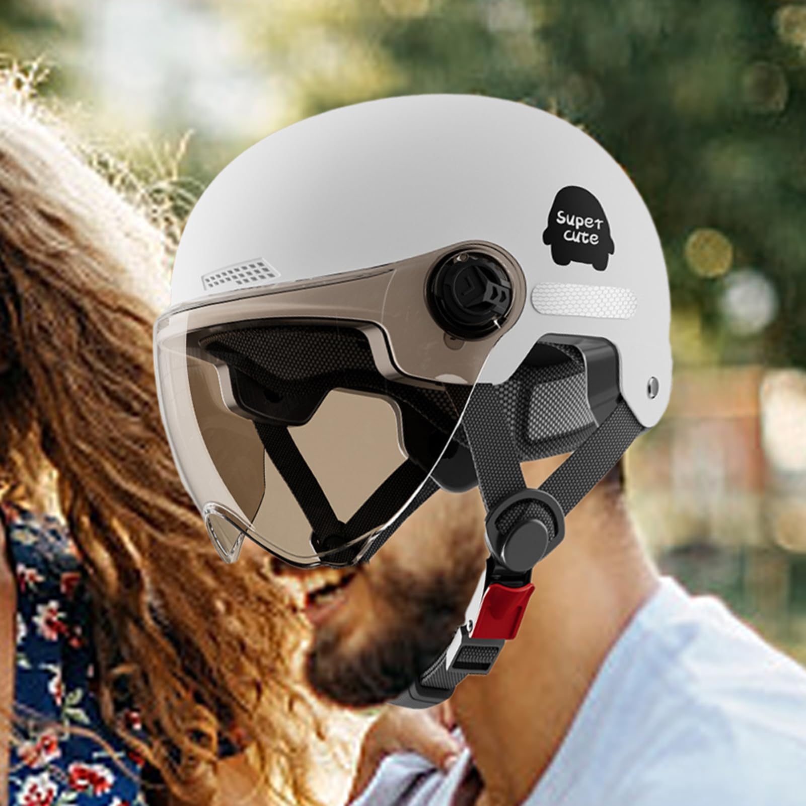 Generisch Casque de vélo ouvert – Demi-casque de moto | Polycarbonate robuste avec mentonnière à dégagement rapide, visière résistante aux UV, système de ventilation aérodynamique pour la sécurité