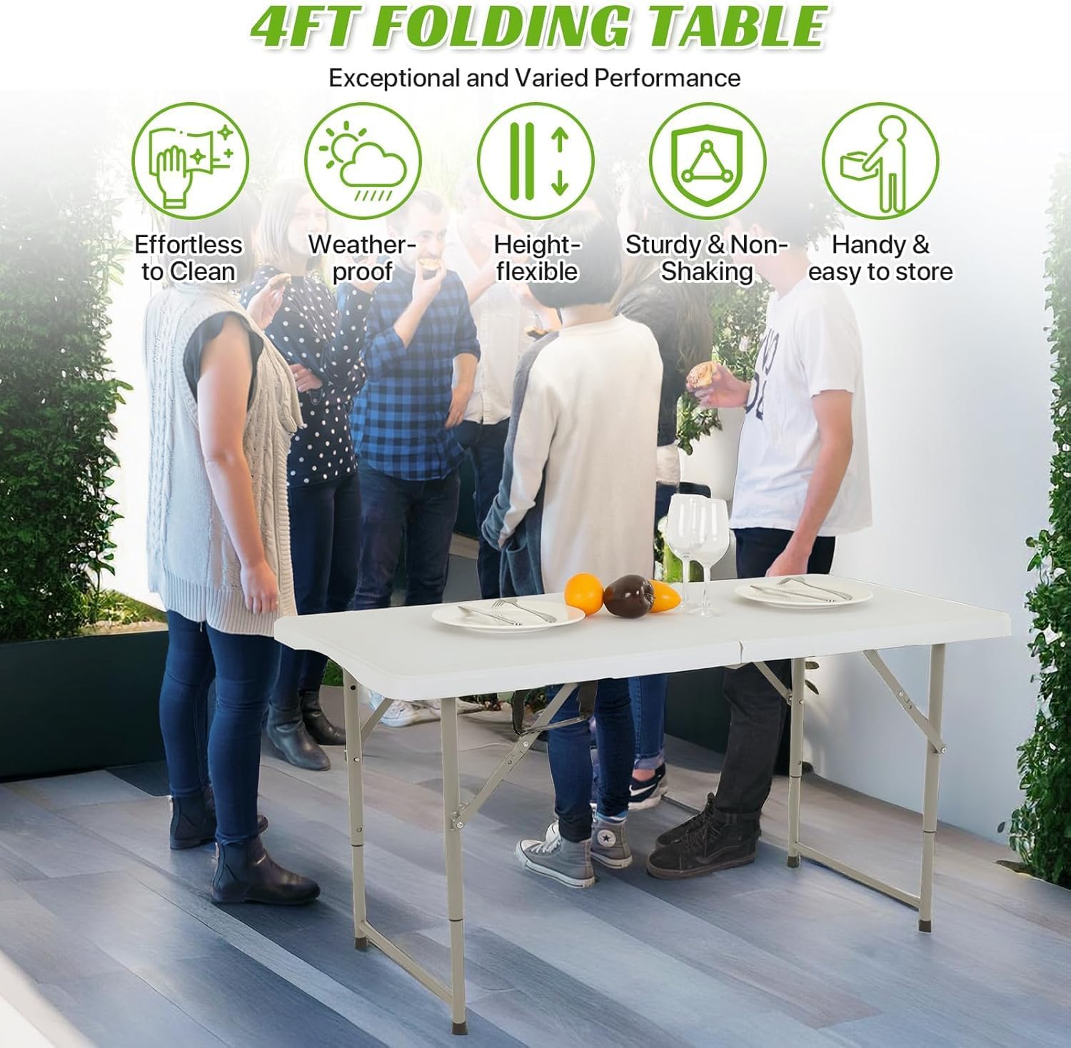 4FT Folding Table - Heavy Duty Portable Plastic Utility Table with Adjustable Height, Carry Handle. Indoor Outdoor Use for Camping, Parties, Picnics, Tailgating (4ft, White)