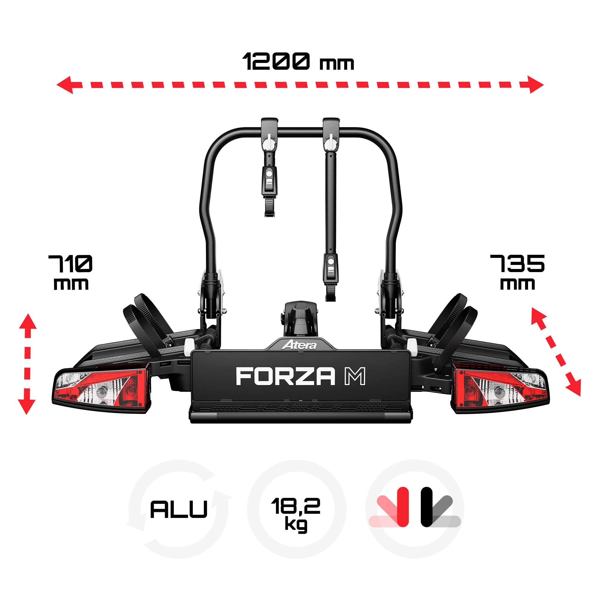 Atera 022800 Portabicicletas Forza M, Soporte de Embrague para Coche, Plegable, con Luces traseras, para 2 Bicicletas o Bicicletas eléctricas Pesadas, Color Negro