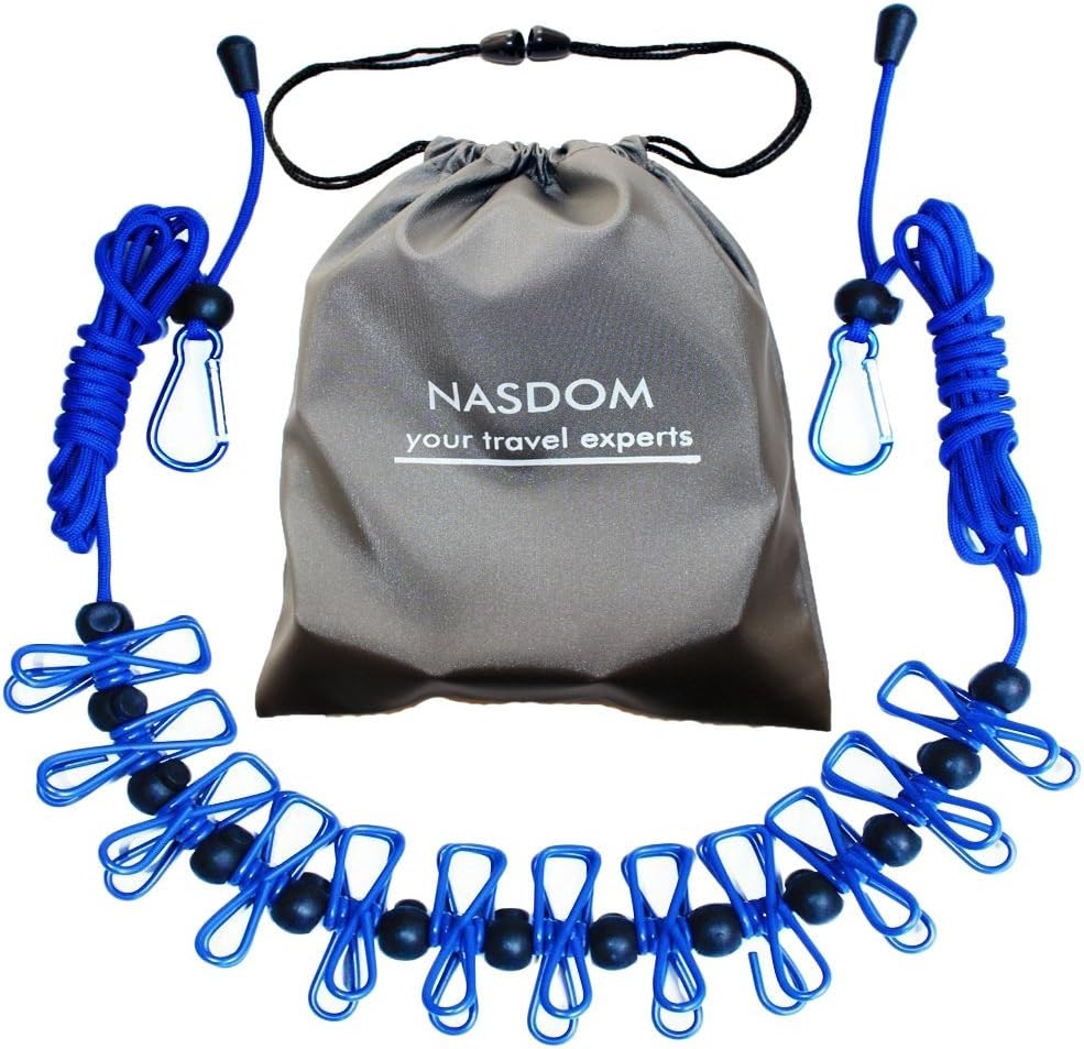 Travel Clothesline,4m/13ft Portable Retractable Adjustable Clothes Line Rope with 1 Waterproof Bag, 12 Clothespins, 13 Anti-Skid Clips for Outdoor and Indoor(Blue)