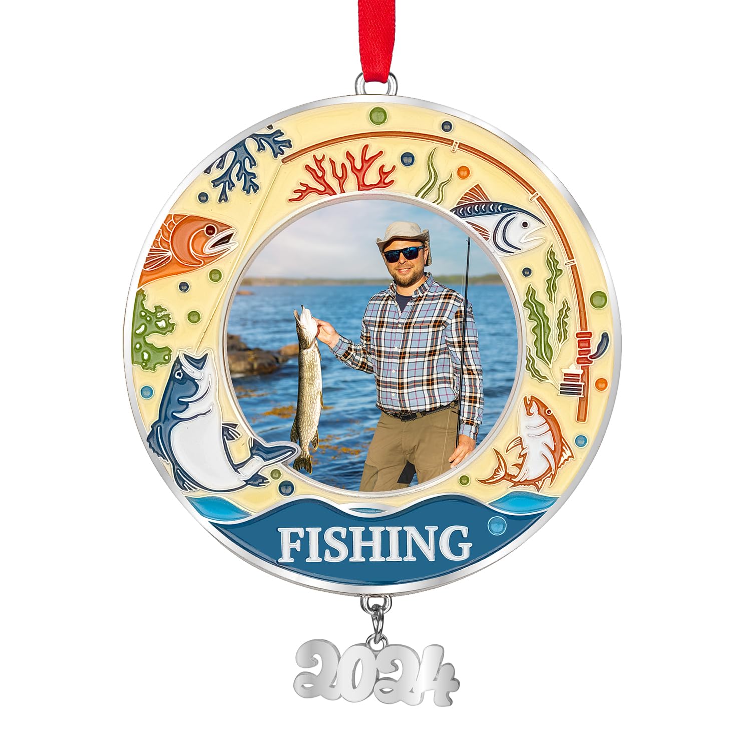 Personalized Fishing Christmas Photo Ornament 2024 - Fishing Picture Frame for Fisherman Fishing Lover, Xmas Tree Decor Gifts for Dad, Brother, Friends