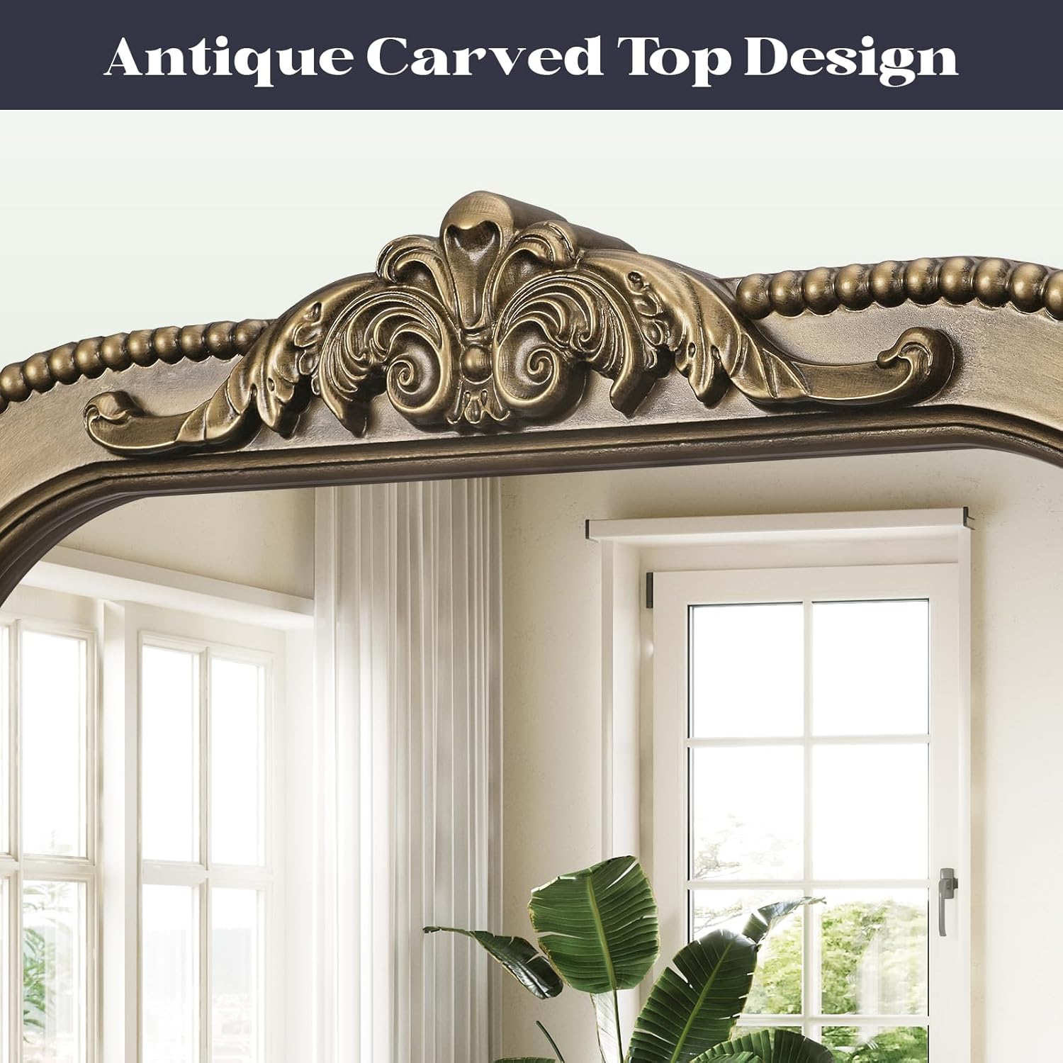 Gold Arched Mirror, 24x36 Inch Antique Vintage Bathroom Mirrors for Over Sink with Ornate Beaded Frame, Gold Vanity Mirrors for Wall Decoration, Living Room, Bedroom, Mantel, Entryway