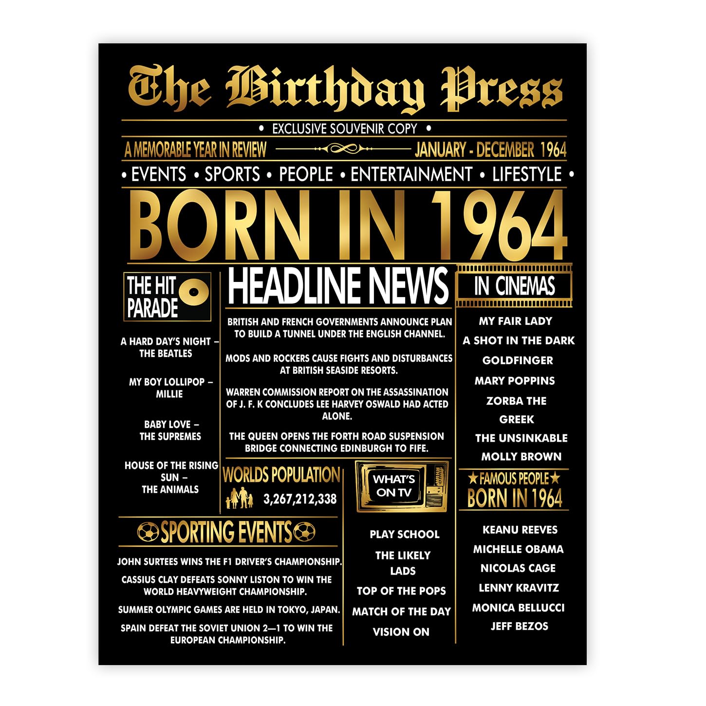 Stuff4 Gold 62nd Birthday Poster Unframed - Golden Born In 1964 Newspaper - Happy 62 Birthday for Men Women Retro Vintage Gifts Back In 1964, 8x10 Inch Bday Party Decor Decoration