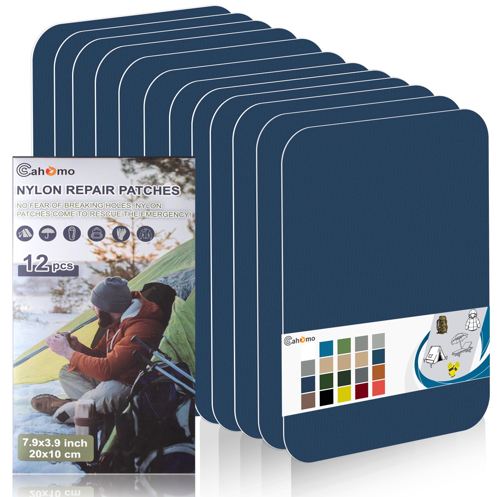 Nylon Repair Patches 20x10 cm 12 pcs Nylon Repair Tape Nylon Fabric Patch Self Adhesive Outdoor Camping Gear Nylon Repair Kit for Tent, Umbrella, Down Jackets, Sleeping Bag, Knapsack （Dark Blue）