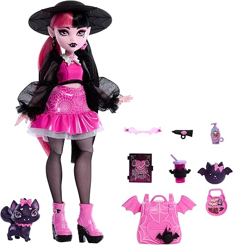 Miniatura 5 de Monster High Muñeca Draculaura con cuenta de murciélagos y gatos para mascotas, fabulosa y accesorios como mochila, libro de hechizos, caja Bento y