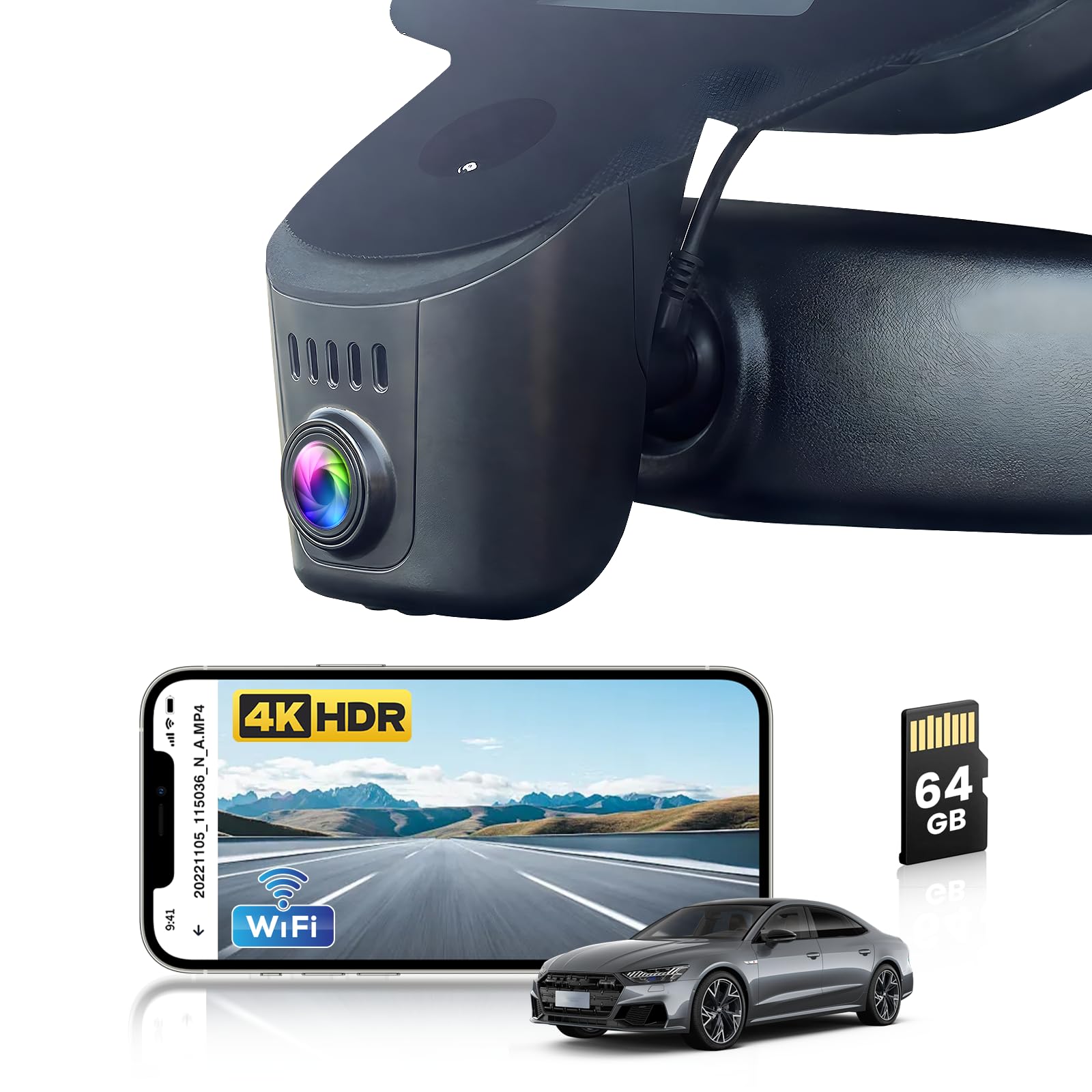 Dash Cam Compatibile Audi A3 A4 A5 A6 A7 A8 Q2 Q3 Q5 Q7 Q8 R8 | 4K OEM registratore di guida WiFi Controllo app, visione notturna, monitor di parcheggio,sensore G,64 GB