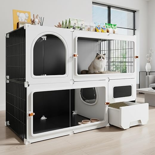 Cat Cage Cat Enclosure with Litter Box & Clear Sliding Door, Expandable Cat Playpen, Detachable Metal, Cat Cage Indoor and Outdoor, Ferret Cage