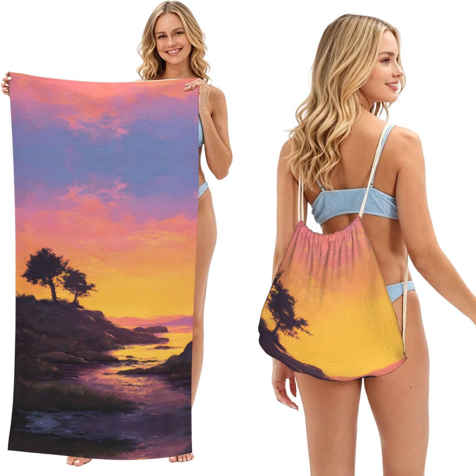 ESNAIUVCD Sunset Glow Print Beach Towel For Adults,Towel With Drawstring Bag, Travel Pool Swimming Sports Shower Sand Free Quick Dry Bath Towel For Pool, Beach, Yoga- 180x60cm
