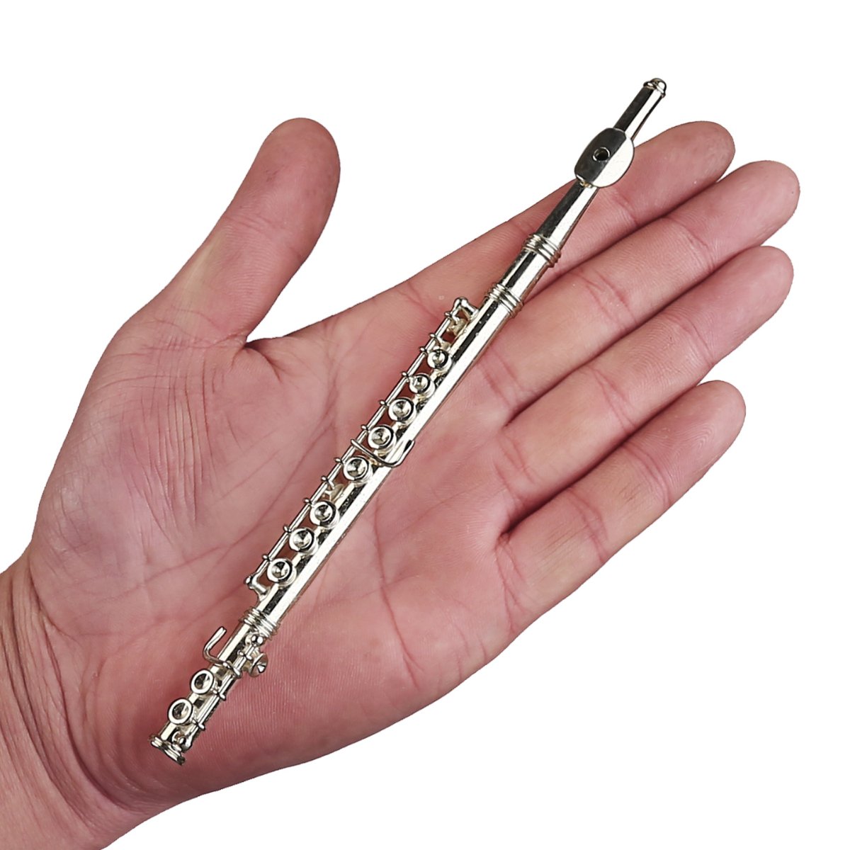 Dselvgvu Miniature Flute with Stand and Case Brass Mini Musical Instrument Flute Replica Collectible Figurines Dollhouse Accessories Model Home Decoration Display Ornament (Silver, 7.09