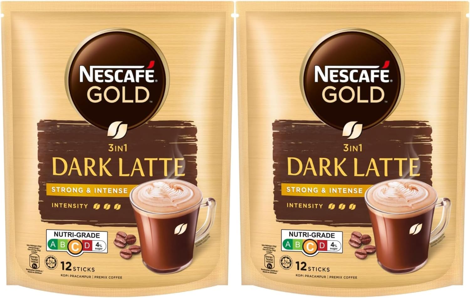 NESCAFĂ Gold 3 in 1 Dark Latte Instant Coffee Mix (Pack of 2) â 12 Sachets x 34g Each Pouch, Strong & Intense â Rich Creamy Latte Premix with Bold Coffee Flavor â Convenient Single Serve Sachets for Home, Office & Travel, By COUGAR â (Imported-MALAYSIA)