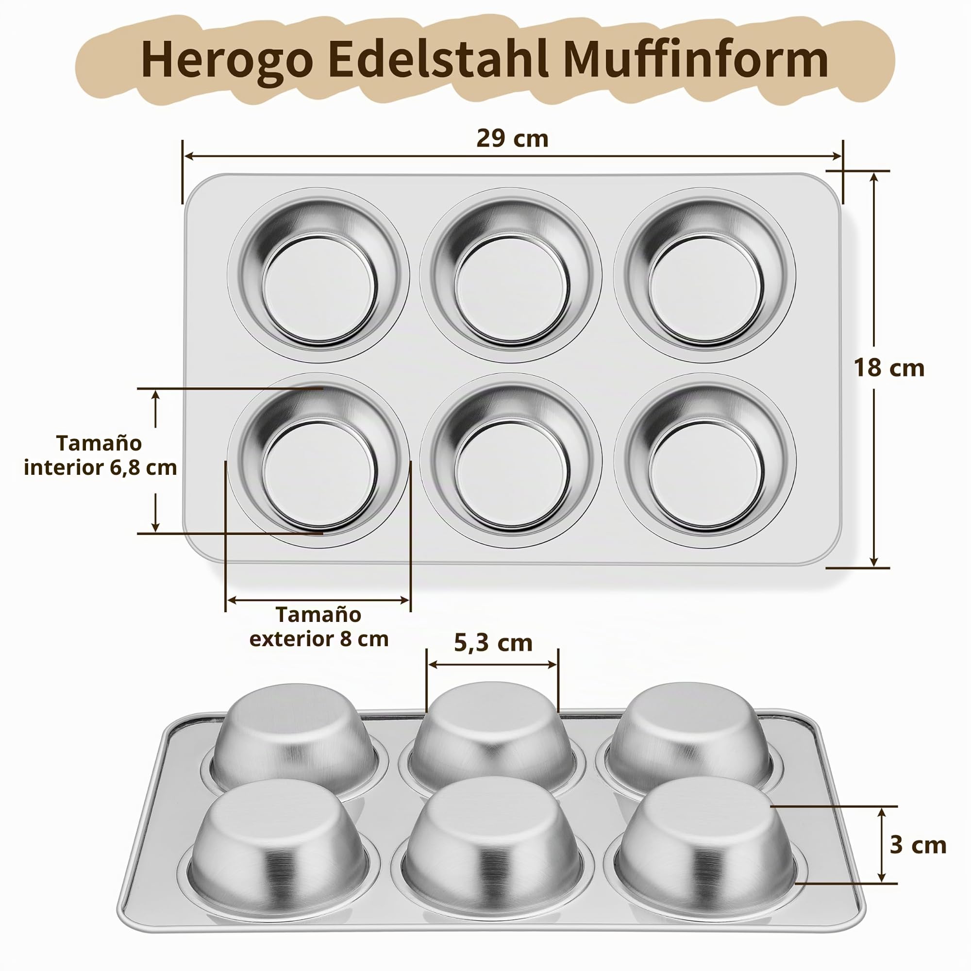 Herogo Molde para magdalenas, 2 unidades, acero inoxidable, para 12 magdalenas, 29 x 18 x 3 cm | 12 moldes para magdalenas para cupcakes, pudín, no tóxico y saludable, apto para horno y lavavajillas