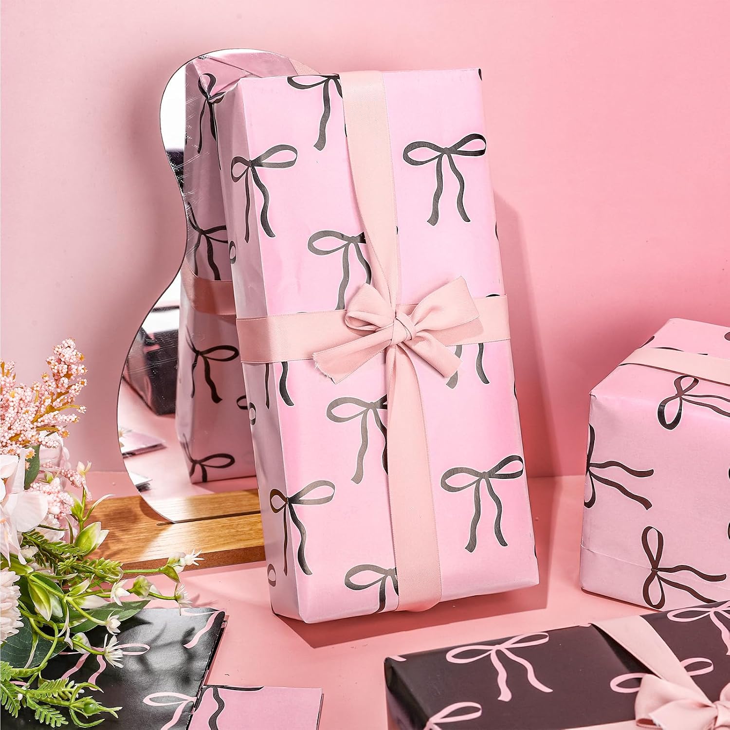 FYSUIMU 8 Sheets Pink Bow Wrapping Paper - Not Roll - Pink Black Bowknot Coquette Gift Wrap Paper Folded Flat for Valentine's Day Birthday Baby Shower Bachelorette DIY Crafts, 19.7 x 27.6 Inch image 5