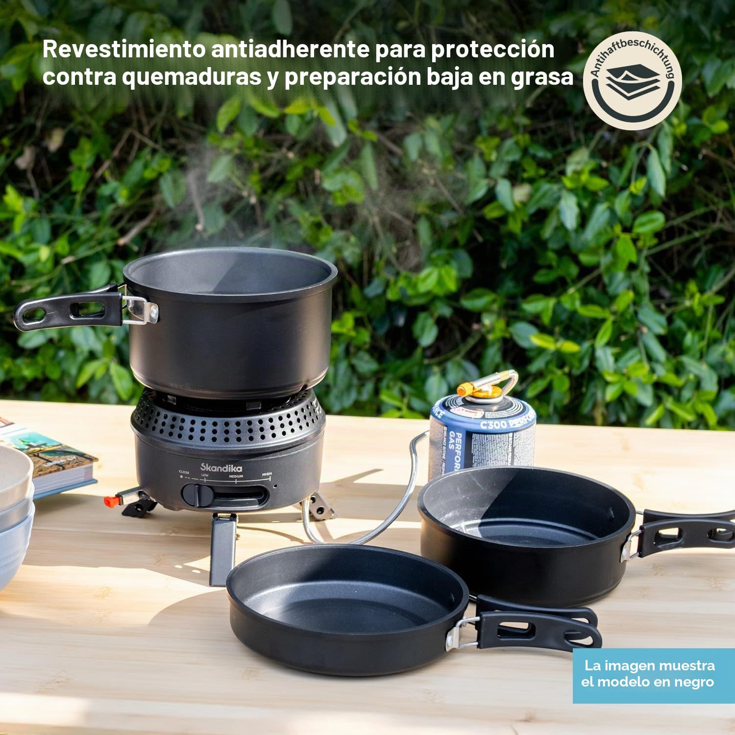 Skandika Hornillo de camping Rask | Hornillo híbrido para camping, 2 en 1, funciona con electricidad o gas, encendido piezoeléctrico, con utensilios de cocina (verde)