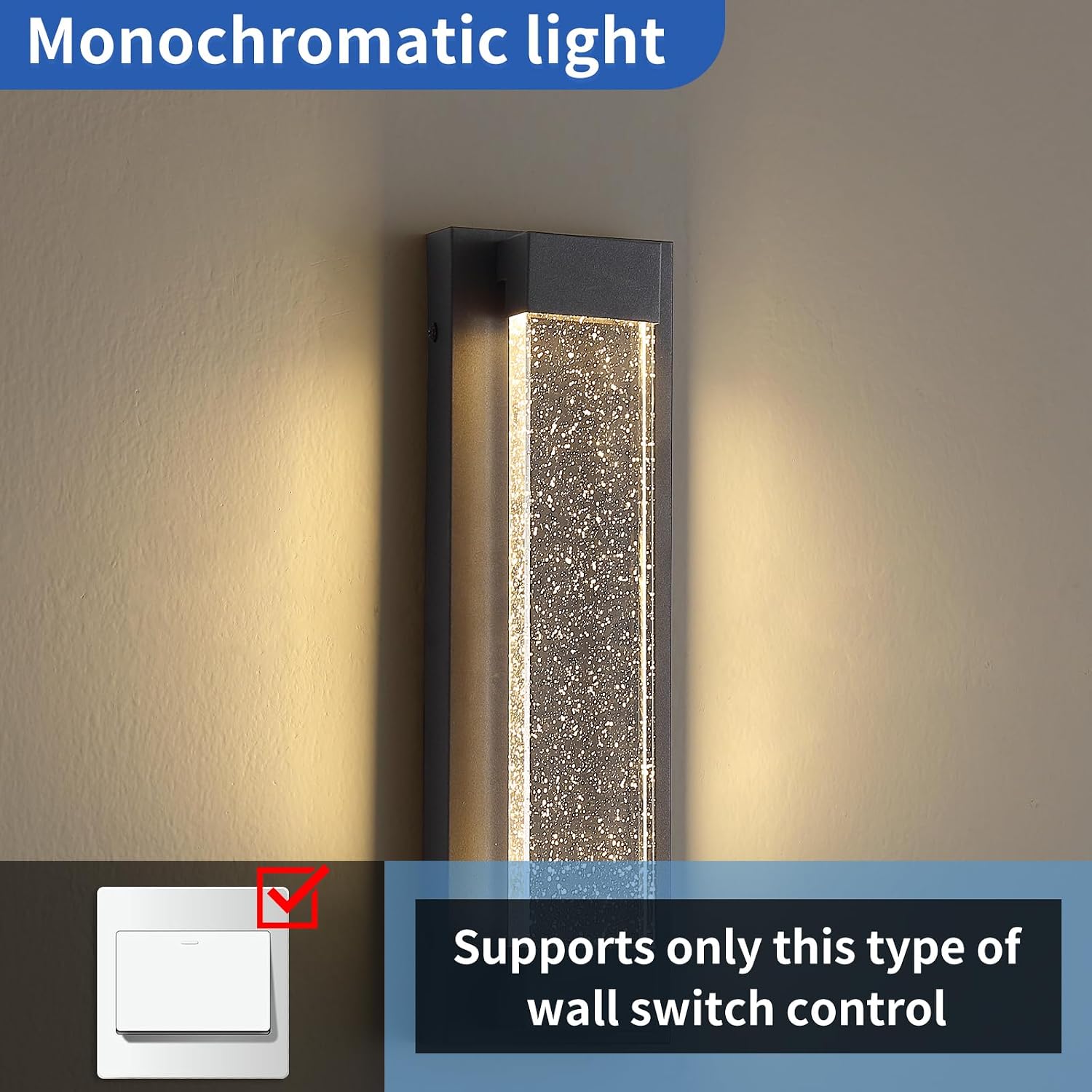 15.7inch Modern Outdoor Wall Light, Bubble Crystal Outside Wall Sconce, 3000K Warm White, 12W, IP65 Waterproof, Black Linear Exterior Porch Lighting Fixtures for Garage, Yard, Balcony, Doorways