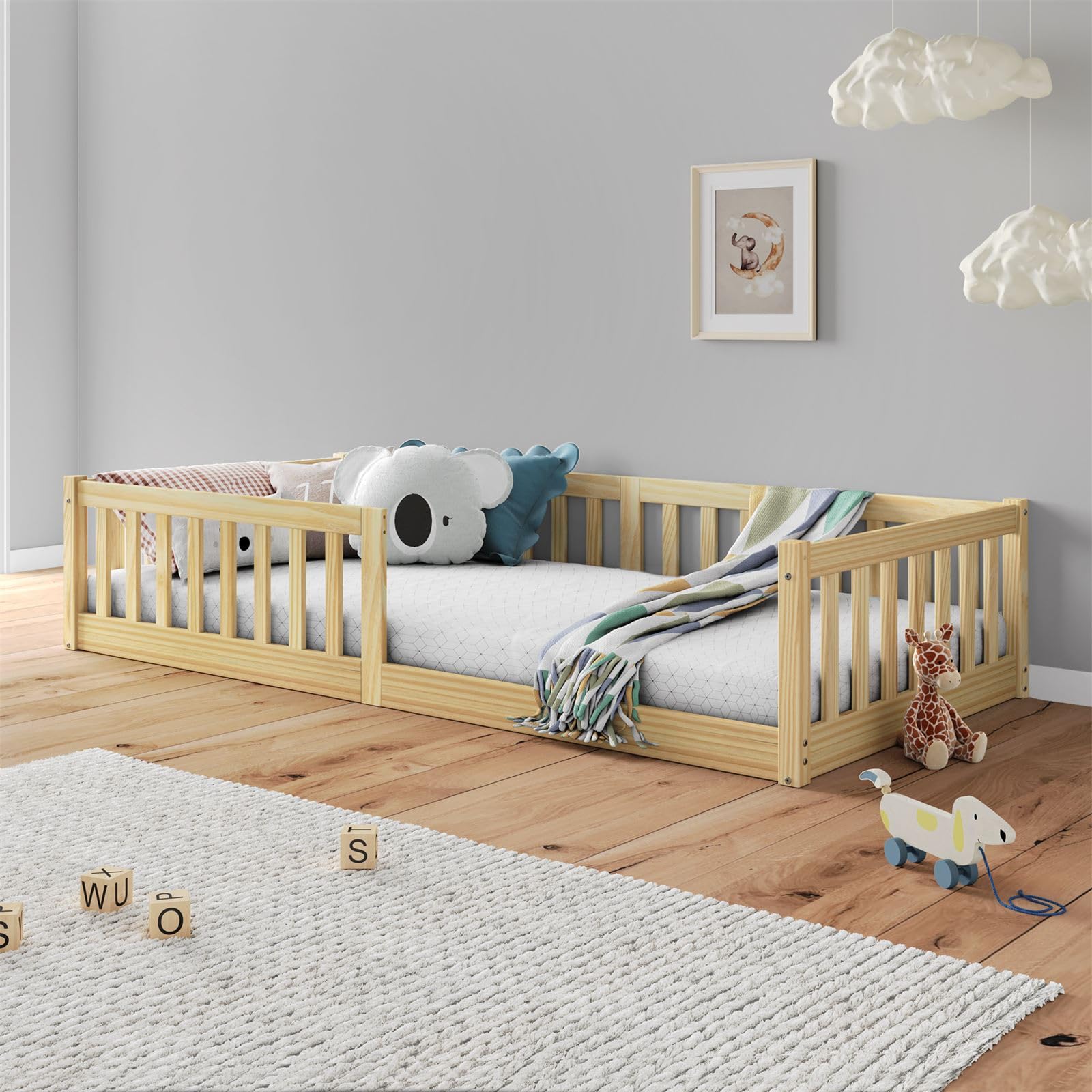 IDIMEX Lit Enfant Gustavo avec sommier lit au Sol 90x190 cm d'inspiration Montessori, avec barrières de Protection, en Bois Massif Coloris Naturel