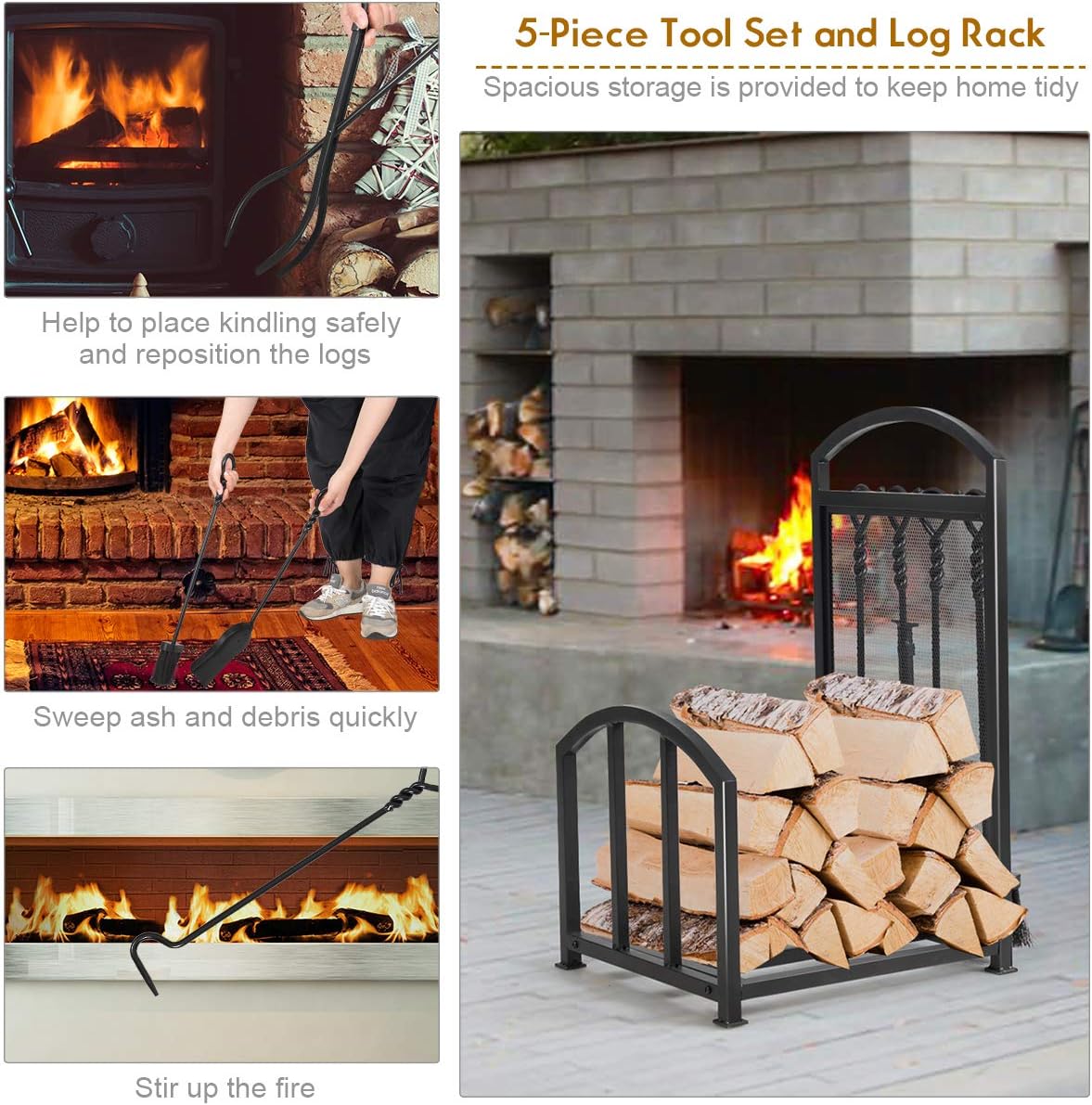 Goplus Firewood Log Rack with 4 Fireplace Tools, Heavy Duty Steel Construction, Space-Saving & Large Capacity, Black Color, Easy Assembly & Portable Design