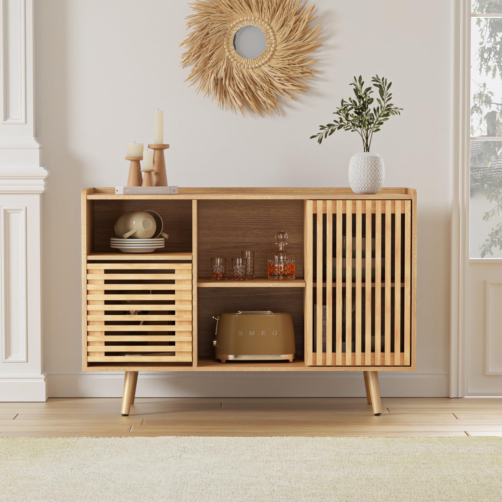 Buffet Cabinet with Storage, 47.2" Buffet Table with Storage, Sideboard Coffee Bar Cabinet with Silding Door for Living/Dining Room, Kitchen, Hallway, Natural