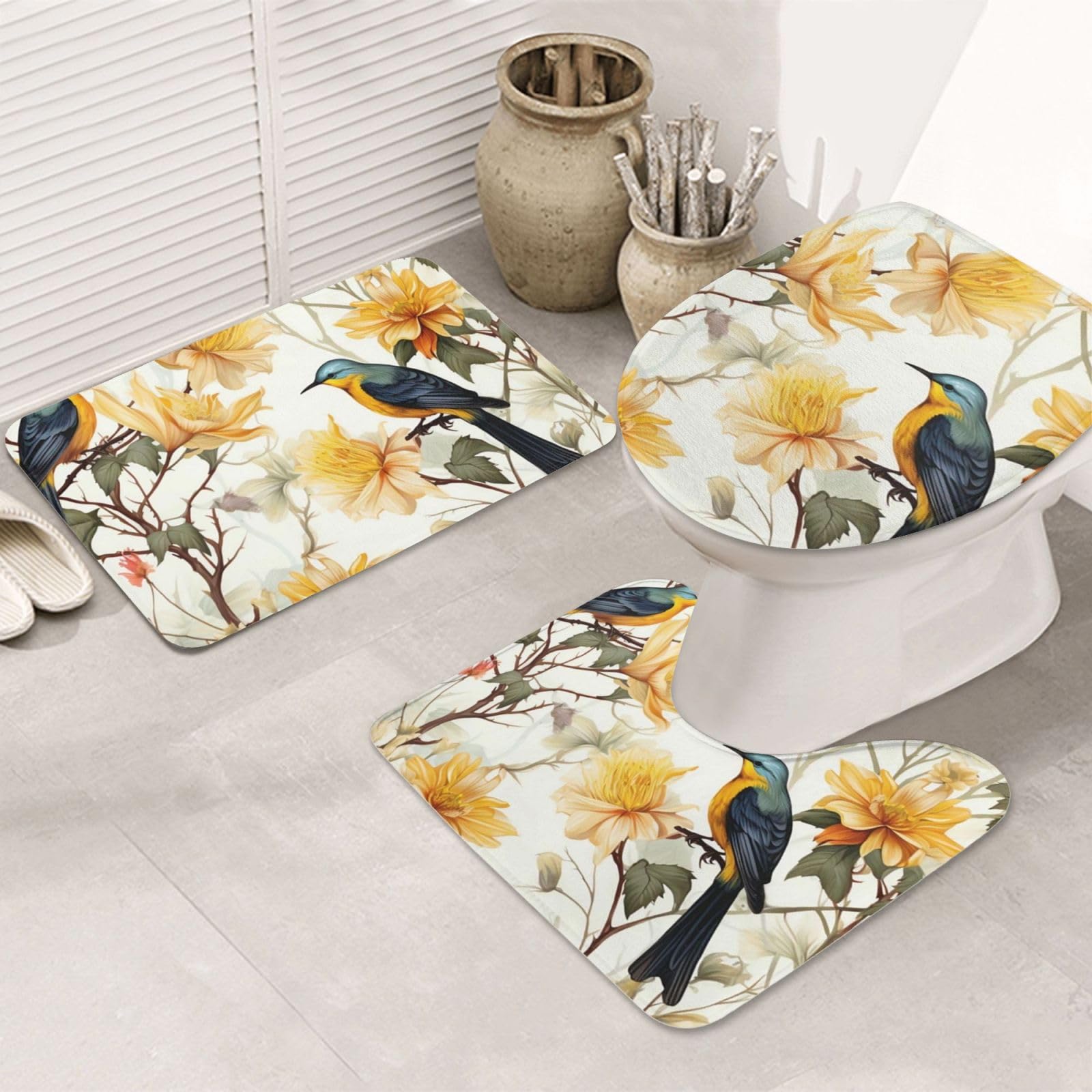 Tapis de salle de bain en microfibre lavable lot de 3 contour U motif oiseaux