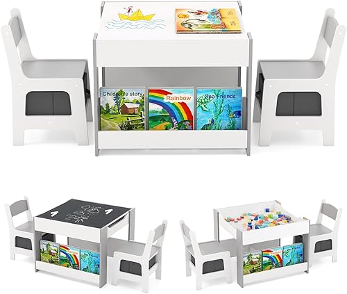 Miniatura 11 de HONEY JOY Mesa y sillas para niños, juego de actividades de madera 3 en 1 con almacenamiento, mesa desmontable, para arte, manualidades, dibujo,