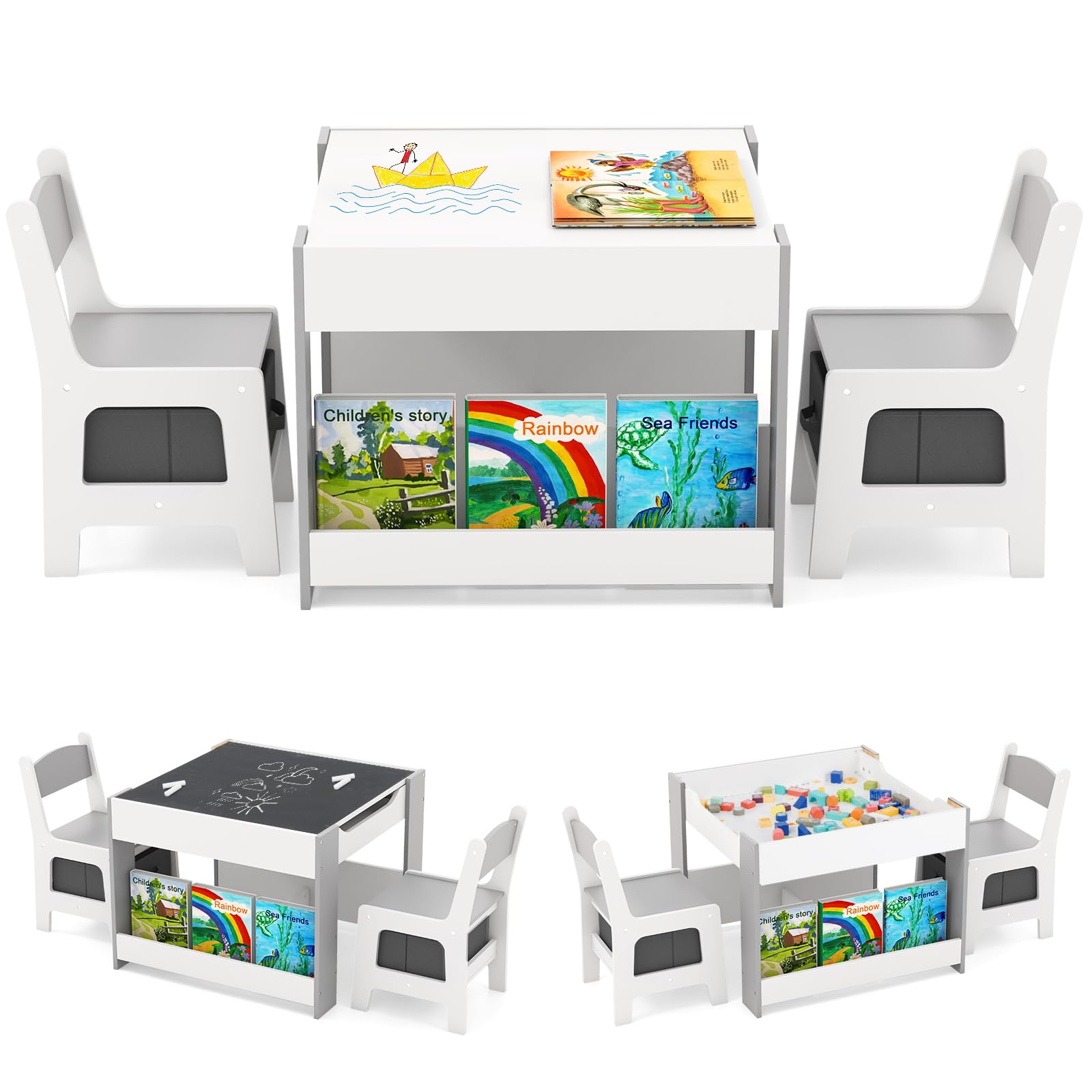 HONEY JOY Kids Table and Chairs, 4-in-1 Children Wooden Activity Set w/Double Bookshelves, Storage, Detachable Tabletop, for Art, Craft, Drawing,