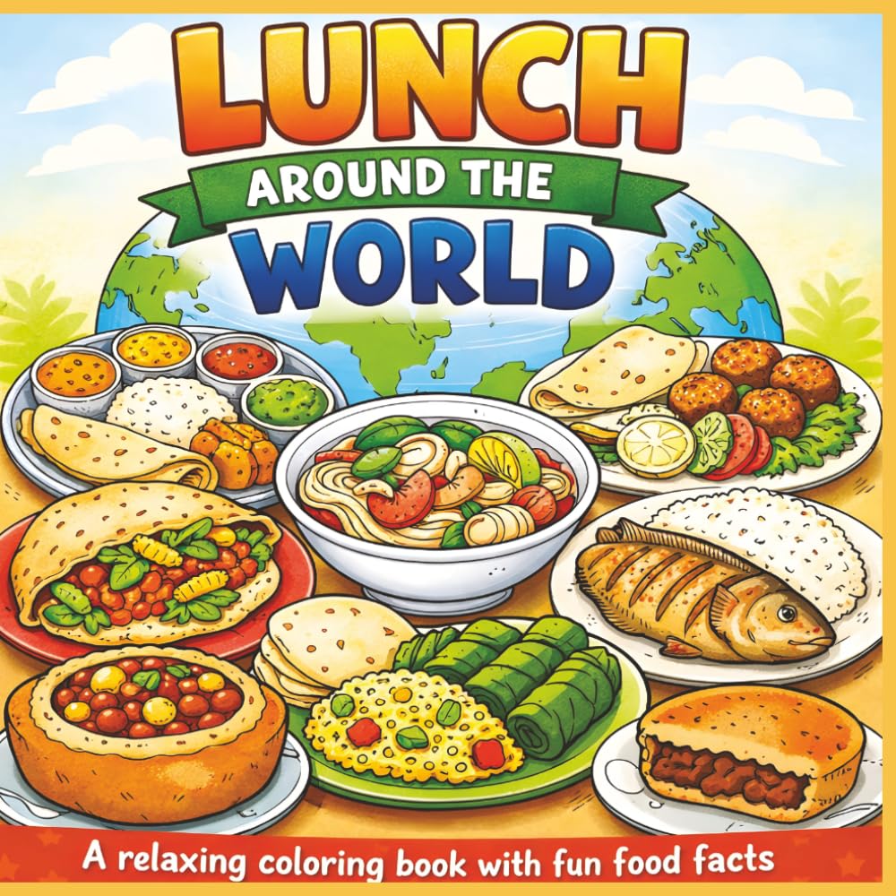 Lunch around the world: A relaxing coloring book with fun food facts|Bold Designs|Easy to color|Stress Relief and Relaxation