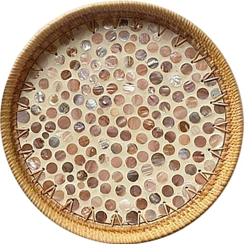Bandeja redonda de ratán de 12 pulgadas con incrustaciones de madreperla, bandeja decorativa para comer, bandeja de mesa de café, bandeja de mimbre