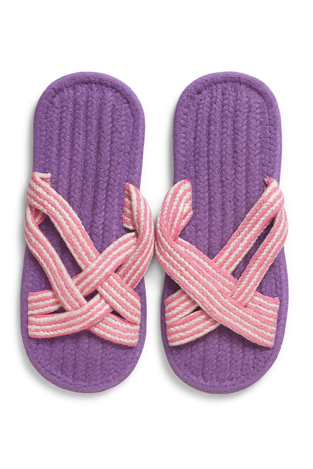 Cotton Cross-Strap House Slippers, Purple with Pink Striped Design, Medium Size, Indoor Loungewear-image-30