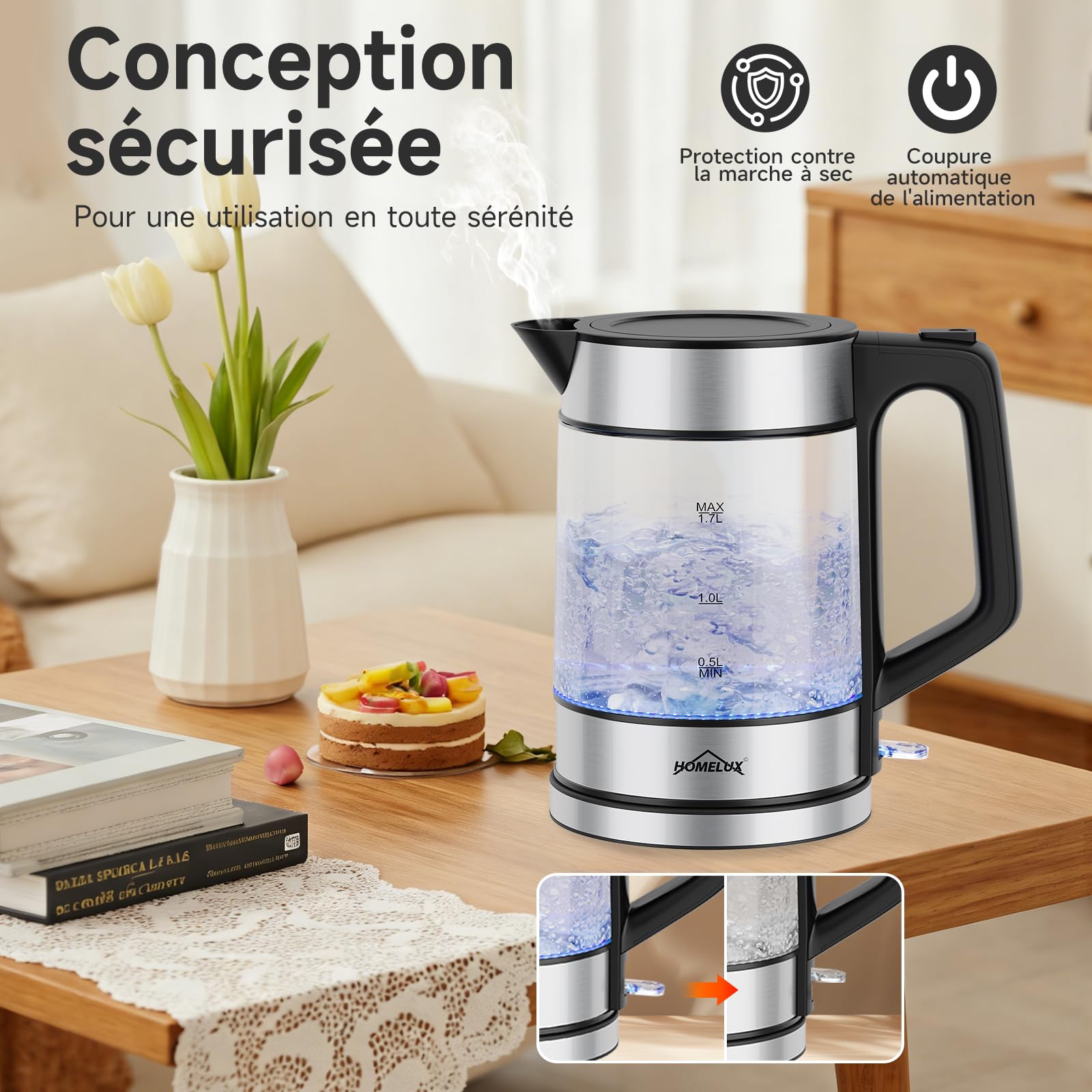 HOMELUX Bouilloire électrique en verre transparent 1,7 L, 2200 W