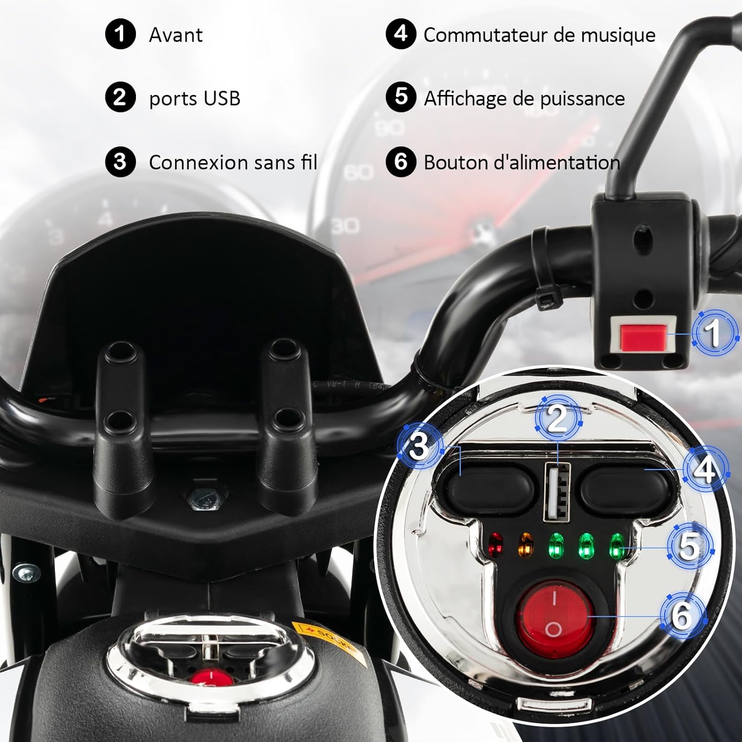 Close-up of the motorcycle dashboard showing power button, USB ports, and music controls
