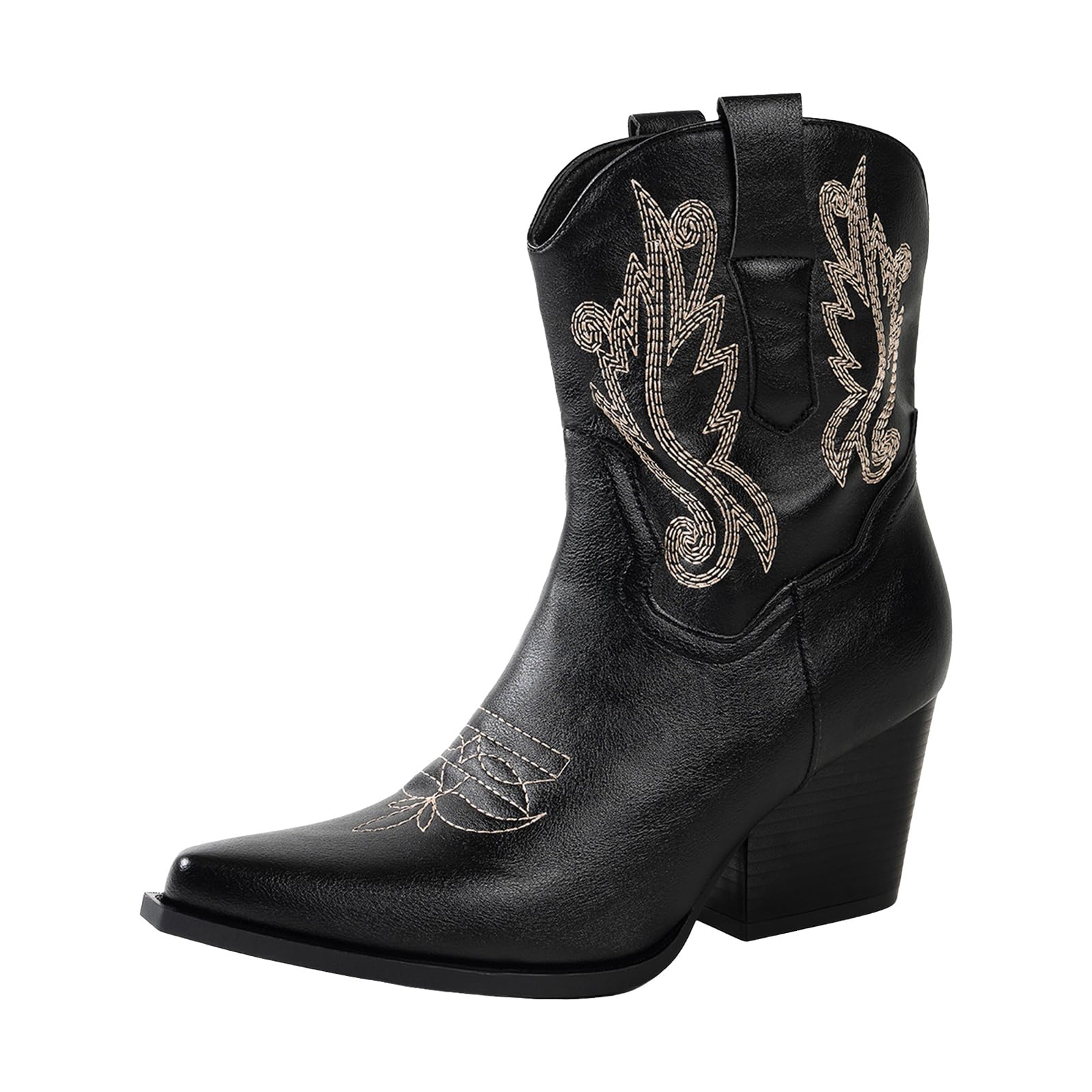 Botas de verano de vaquero para mujer, con tacón de bloque, punta puntiaguda, diseño retro bordado, cremallera lateral y caña media