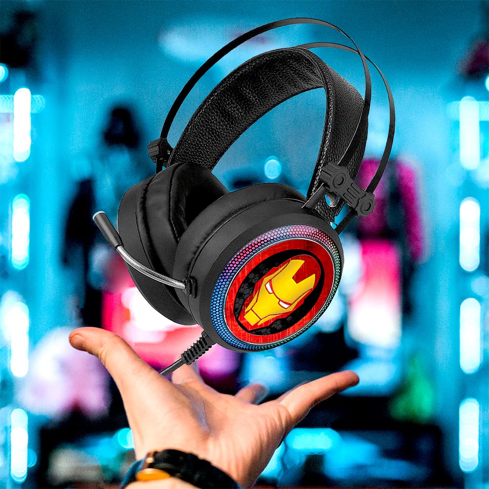 Ert Group Cuffie da gioco con microfono, Cuffie LED con archetto regolabile Modello Marvel originale e con licenza ufficiale Iron Man 001