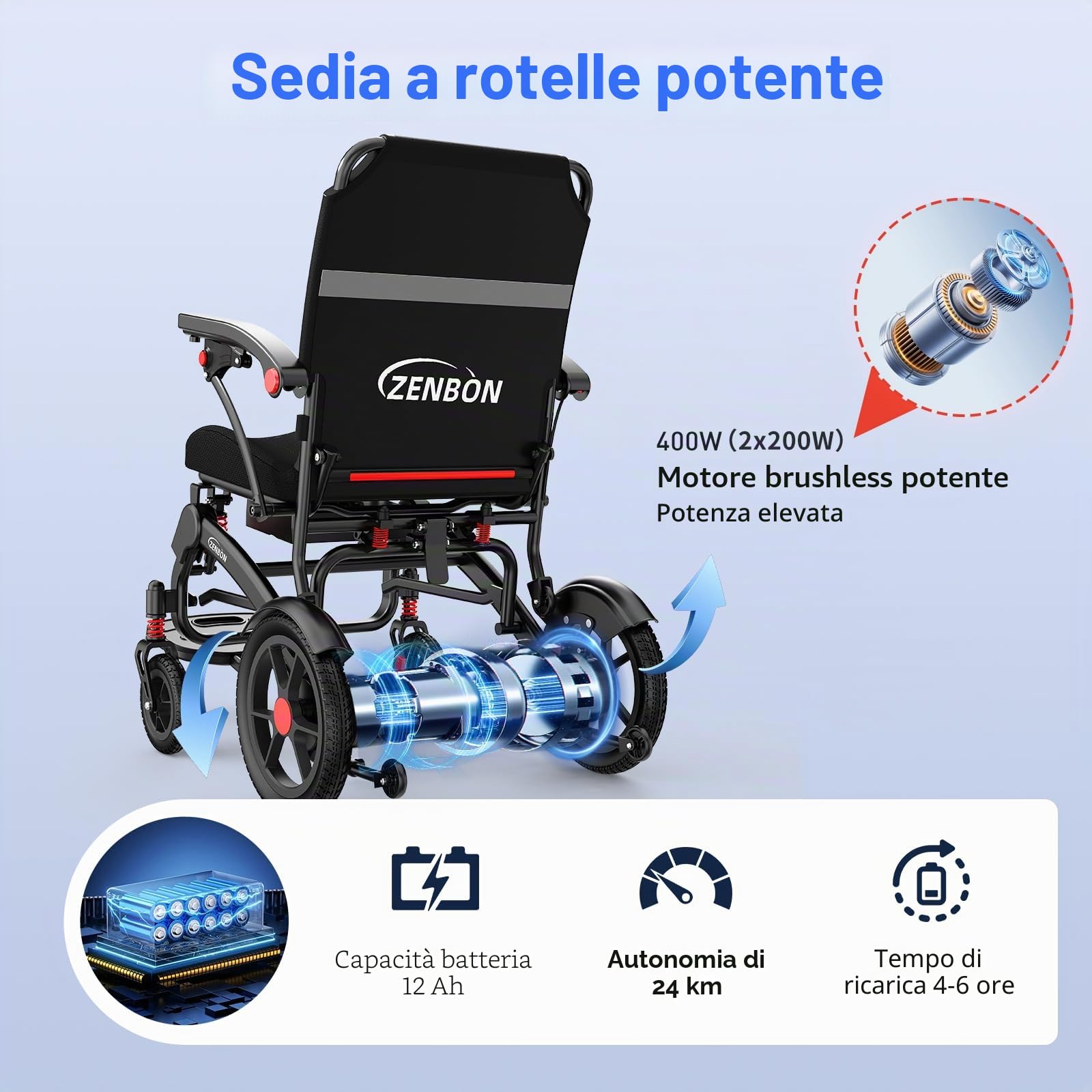 Sedia a Rotelle Elettrica Pieghevole Leggera 19 kg: Sedia a Rotelle Elettrica con Telecomando e Pulsante di Assistenza alla Spinta Posteriore per Anziani fino a 150 kg