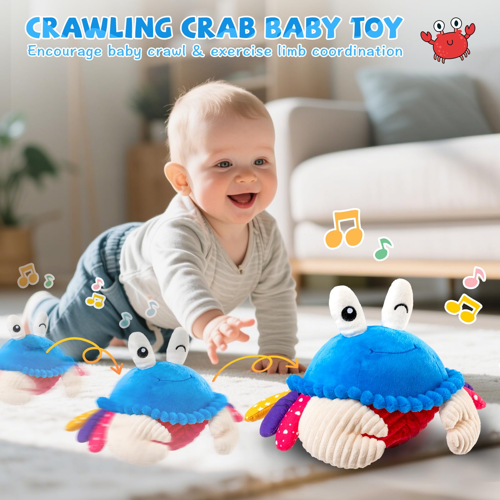 Baby Toys 12-18 Months, Musical Crawling Crab Plush Toy - 40 Songs & Recording Feature, Dancing Walking Moving Bouncing Tummy Time Toy, Sensory Toys for Toddlers 1-3, Birthday Gifts for Infants