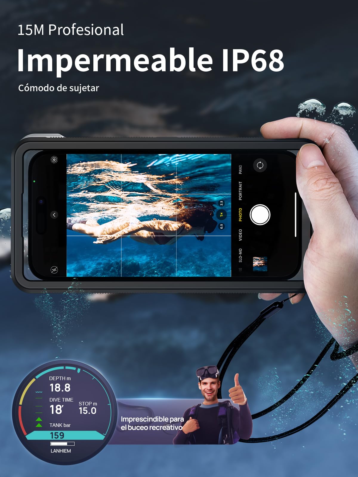 Funda IPX8 15M Impermeable [Universal] [Pantalla Táctil Subacuática] Carcasa de Fotografía Buceo Profesional 360 Grado Protectora para iPhone Samsung Xiaomi 4,7-6,9'' Teléfono Móvil, Negro